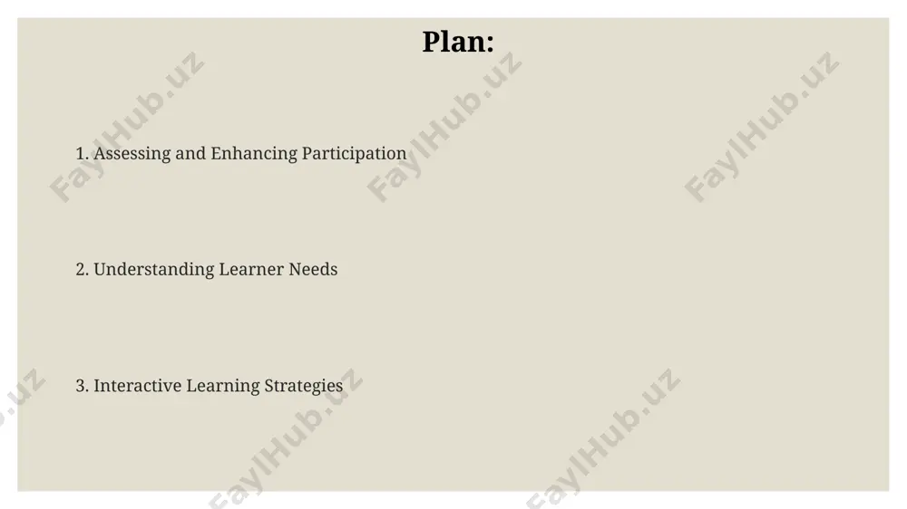 iring them to apply concepts in a practical context, improving comprehension and encouraging active problem-solving skills. understanding your learners learner motivation is directly impacted by perceived relevance. frame activities around real-world applications and incorporate at least 2 relatable examples per concept to boost participation rates by 20%. diverse learning styles – visual, auditory, kinesthetic – require varied teaching methods. consider a 30/70 split of instructor-led versus activity-based learning for optimal engagement across these styles. understanding learners' prior knowledge, through pre-assessments or informal questioning, is crucial; at least 70% of lesson planning should incorporate this to avoid redundancy and cater to diverse learning styles. assessing & adapting your approach analyze post-session feedback (e.g., surveys, individual reflection sheets) to understand which teaching methods resonated most and least with learners; adapt your future sessions to leverage effective techniques (increasing effective strategies by 15%). regularly assess participation levels using methods like observation checklists (at …