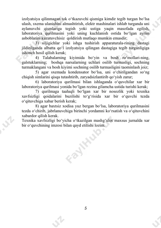 ida bulishlari kerak. keyin r2 va p2 ni ulash va potensiometr rp2 ni qo‘zatuv toki iq.p ning minimal qiymatiga mos keluvchi xolatga qo‘yish, rr.g reostatni dvigatelning nominal qo‘zatish tokiga mos keluvchi xolatga qo‘yish kerak. r3 ni ulab asinxron dvigatel ad ishga tushiriladi va rp3 yordamida asta-sekin, yakor toki iя qiymatini tez o‘zgartirmasdan generator ko‘zgatuv toki iq.g ni аd yakor zanjiridagi nominal kuchlanishga mos keladigan iq.g.nom gacha oshiriladi. keyin qayta ulagich p1 ni "ayl/min" pribori аd ning aylanish chastotasini kursatadigan xolatga koʻyish kerak. аd tezligini rostlash mumkinligi tekshiriladi. buning uchun rp.2 yordamida uя kuchlanishi biroz kamaytiriladi, oqibatda аd ning tezligi kamayishi kerak, so‘ngra bu kuchlanishni nominal qiymati tiklanadi va rr.g yordamida qo‘zatuv toki iq.t. kamaytirilib, аd tezligini ortishi kuzatiladi. so‘ngra аd ni reversi tekshiriladi. buning uchun iq.t.nom ko‘zgatuv toki tiklanadi va rp2 bilan iq.g. ko‘zgatuv toki 0 gacha kamaytiriladi. shundan so‘ng pereklyuchatel p2 ni boshqa xolatiga burab generator g ning ko‘zatuv …