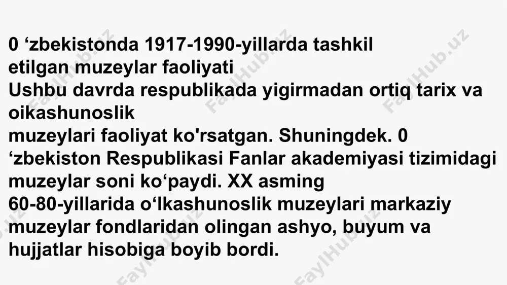 i 1924-yili qishloq xo‘jaligi ko‘rgazmasi asosida tashkil etiladi. muzey binosi uchun sobiq qo‘qon xoni xudovorxonning saroyi ajratiladi. mazkur bino 1871-yili qurilgan boiib, noyob tarixiy me’moriy obida hamda muzey vazifasini o‘taydi. barcha o‘lkashunoslik ixtisosligidagi muzeylar singari, qo'qon oikashunoslik muzeyi ekspozitsiyasi ham qadimgi qo‘qon tarixini yoritib beruvchi ekspozitsion materiallardan iborat edi. inqilobdan keyingi davr siyosatiga oid eksponatlar, qishloq xo jaligt faoliyatini. sanoatdagi rivojlanish va o ik a tarixini, flora-faunasining turli jabhalarini o'zida aks ettiruvchi eksponatlar ham muzey ekspozitsiyasidan joy olgan edi. qoraqalpog ‘iston respublikasi о ‘ikashunoslik muzeyi. qoraqalpog iston respublikasida ham boshqa qo‘shni viloyatlardagi kabi rus olimlari va mahalliy aholi o'lka tarixini har tomonlama o'rganishgan. mana shu tadqiqotlar negizida 1927-yili to‘rtko‘l shahrida birinchi oikashunoslik muzeyi tashkil etiladi. ammo ba’zi bir sabablarga ko‘ra uning ishi to‘xtatiladi va 1929-yili muzey o‘z faoliyatini davom ettiradi. muzey ilk tashkil etilganida uning ekspozitsiyasida tabiat, inqilobgacha boigan o'tmish va zamonaviy davr boiimlari hamda suratlar galereyasidan iborat boigan. keyinchalik …