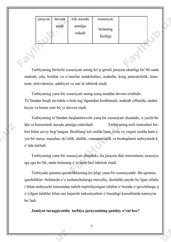 harakatlari orqali berish, o’rnak ko’rsatish, boshqalar mehnatini misol tariqasida ko’rsatish. to’rtinchi guruh - yaxshi bajarilgan ishlarni o’rtoqlari oldida ma’qullash, minnatdorchilik bildirish, iqtisodiy va ma’naviy rag’batlantirish. jazo - bu bolaning noto’g’ri qilgan ishiga o’zini iqror qildirish. tarbiya jarayoniga, milliy ma’naviyatimizga, mafkuraga oid tushunchalarni ko’rib chiqaylik: tarbiya - har bir insonning hayotida, yashashi mobaynida orttirgan saboqlari va intellektual salohiyatlarining ijobiy ko’nikmasini o’zgalarga berish jarayoni. tarbiyalanganlik - jamiyatda qabul qilingan axloqiy normalarga bo’ysunish va o’zgalarning nafratini qo’zg’atadigan hatti harakatlardan o’zini tiya bilish. beruniy insonning kamolatga yetishishida ilmu ma’rifat, san’at va amaliyot asosiy rol o’ynasada, nasl - nasab, ijtimoiy muhit va turmush qonuniyatlari ham katta ahamiyatga ega ekanligini ta’kidlaydi. uning fikricha inson kamolga yetishuvining eng muhim omillari ilm ma’rifatli bo’lish va yuksak axloqlilikdir. axloqlilikning belgilari yaxshilik, to’g’rilik, adolat, kamtarlik, saxovat, oliyjanoblik, do’stlik va hamkorlik, mehnat, poklik, go’zallikka intilish kabilardir. adolat - hayotiy masalalarni axloqiy va huquqiy normalarni rioya etgan holda hal etishdir. adolat tushunchasi …