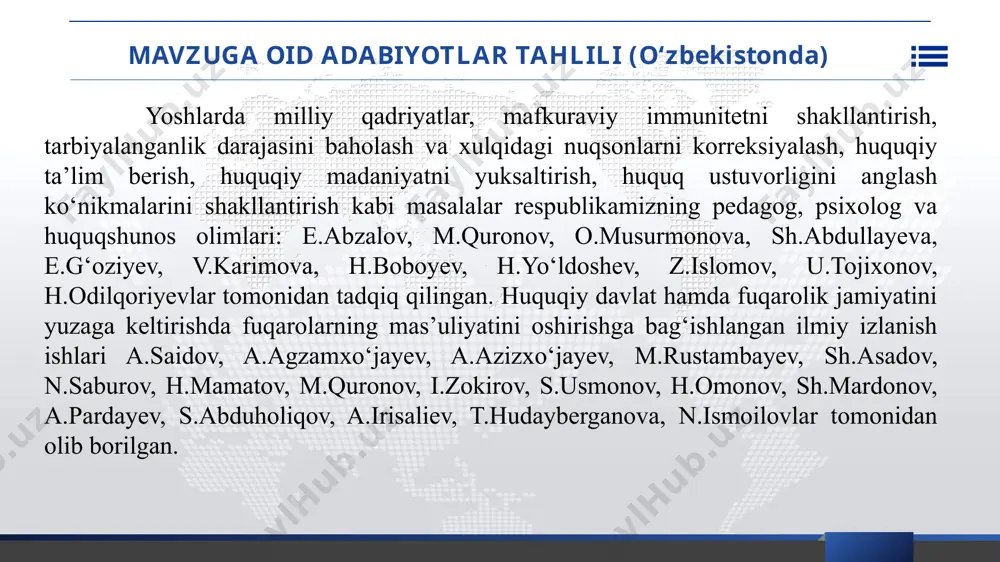 iy tavsiyalar ishlab chiqish 1.ijtimoiy-pedagogik texnologiyalarini aprobatsiyadan o‘tkazish va shu asosida amaliy tavsiyalar ishlab chiqish; yoshlar yetkachisi, amaliyotchi psixolog va sinfrahbarlari 2024-yil mart-aprel yoshlar orasida jinoyatchilik va huquqbuzarlikka moyillarni tarbiyalash bo’yicha amaliy tavsiyalar ishlab chiqiladi va amaliyotga joriy etiladi 2. yangi ijtimoiy texnologiyalarni, ijtimoiy huquqiy tuzilmalar va nodavlat tuzilmalarni tatbiq etish direktor o’rinbosari, yoshlar yetakchisi va psixologlar 2024-yil yanvar-dekabr 3. voyaga yetmaganlar huquqbuzarliklarini oldini olish tizimida tashkiliy va muvofiqlashtiruvchi ahamiyatga ega bo‘lgan maxsus sudlarni tashkil etish; ta’lim muassasasi direktori, direktor o’rinbosarlari hamkorlik tashkilotlarining mas’ul shaxslari 2024-yil yanvar-dekabr 4. profilaktika maxsus sub’ektlarini tashkil etish ta’lim muassasasi direktori, hamkorlik tashkilotlari mas’ullari 2024-yil iyul 5. politsiya organlari tuzilmasida ham ularga odatiy vazifalar bilan bir qatorda gumanistik vazifalarni ham yuklash. ta’lim muassasasi direktori, hamkorlik tashkilotlari mas’ullari 2024-yil yanvar-dekabr лист3 4. huquqbuzarliklarning sodir etilishi sabablarini va ularga imkon berayotgan shart-sharoitlarni aniqlash 1.voyaga yetmaganlar jinoyatchiligini oldini olish bo‘yicha davlat va nodavlat sub’ektlarning faoliyatini takomillashtirish ta’lim muassasasi …
