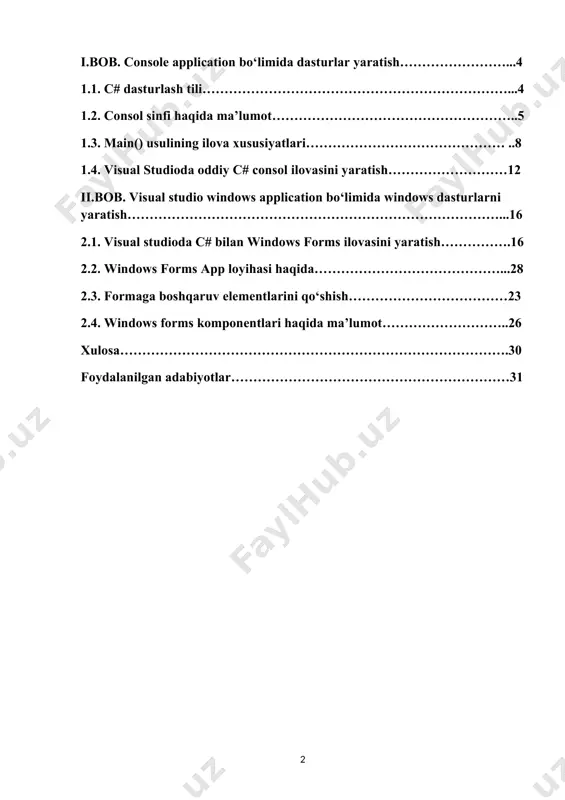 yetkazib berishning eng zamonaviy vositalarining dunyoga kelayotganligi tashkil etadi. bugungi kunda kompyuter inson faoliyatining turli sohalariga kirib bormoqda. bu o`z navbatida dasturchilarga bo`lgan talabni oshiradi. hozirgi kunda kompyuter va axborot texnologiyalari taraqqiyotida katta yutuqlarga erishilmoqda. mamlakatimizda xalq xo`jaligi tarmoqlarida: ishlab chiqarish jarayonlari, ofis ishlari, bank operasiyalari, axborot almashinuv jarayonlari, milliy xizmat ko‟rsatish muassasalari, ilmiy tadqiqot ishlari, texnikalarni avtomatik va masofadan boshqarish masalalari, ommaviy axborot vositalari, tibbiyot maskanlaridagi jarayonlarda kompyuterlar va axborot texnologiyalari muvaffaqiyatli qo`llanilmoqda. kurs ishining dolzarbligi:ushbu kurs ishi hozirgi kunda kompyuterda berilgan masalalarni dasturlash tillari orqali yechish va c# dasturlash tilida console application , windows application bo`limlarini o`rganisga olib keladi. kurs ishining maqsadi: c# dasturlash tilida hayotimizdagi muammoli vaziyatlarni matematik yechimini topish va ularni dasturlash tilida cosole app va windows app bo`limlaridanfoydalanib dasturini tuzish. kurs ishining obyekti:c# dasturlash tilida consola application va windows application bo`limlari. i bob. console application bo`limida dasturlar yaratish. 1.1 c# dasturlash tili. hozirgi kunda ko`plab …