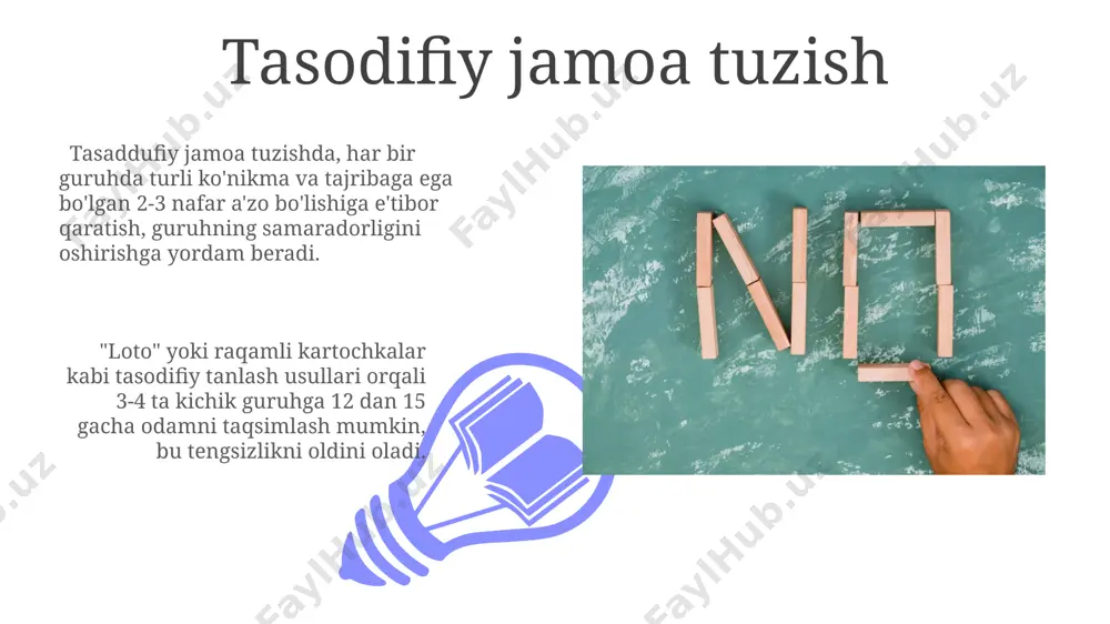 g'oya to'plash va keyinchalik ularni 3 ta prioritetli yo'nalishga ajratish orqali eng yaxshi jamoa tarkibini aniqlash mumkin. avtomatik jamoa tuzish simulyatsiya natijalari shuni ko'rsatadiki, avtomatik jamoa tuzish orqali 20% gacha vaqt tejash va 15% gacha samaradorlik o'sishiga erishish mumkin. jamoa hajmi va a'zolarning malaka darajasi kabi parametrlarni hisobga olgan holda, avtomatlashtirilgan tizimlar optimal 5-7 kishilik guruhlarni tezkor shakllantiradi. mutaxassislar guruhi 01 02 mutaxassislar guruhi a'zolarining tanlash jarayoni, ularning malaka va tajribalarini baholash orqali amalga oshiriladi, bu esa jami 5 bosqichdan iborat bo'lib, oxirgi bosqichda nomzodlar intervyu qilinadi. sales 1st qtr 2nd qtr 100 0 sales 1st qtr 2nd qtr 100 0 jamoa tuzishda psixologik omillar jamoa a'zolarining motivatsiya darajasi va ularning shaxsiy maqsadlari bilan jamoa maqsadlarining mos kelishi jamoa samaradorligiga 30% gacha ta'sir ko'rsatishi mumkin. jamoa ichidagi rol mojarolari va noto'g'ri rollar taqsimoti samaradorlikni 25% ga kamaytirishi mumkin, shuning uchun rollarni aniq belgilash muhimdir. jamoa tuzishning asosiy usullari loyiha usulida …
