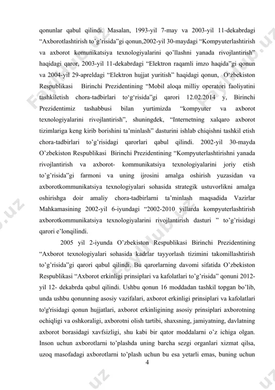 aqsadga muvofiqdir. hozirgi zamon mutaxassislari, faoliyat doiralari qanday bo’lishidan qat’iy nazar informatika bo’yicha keng ko’lamdagi bilimlarga, zamonaviy hisoblash texnikasi, informatsion aloqa va kommunikatsiya tizimlari, orgtexnika vositalari va ulardan foydalanish borasida yetarli malakalarga ega bo’lishi, hamda yangi informatsion texnika va texnologiya asoslarini uning ertangi kuni, rivoji to’g’risidagi bilimlarni o’zida mujassamlashtirgan bo’lishi kerak. zamonaviy hisoblash texnikasi va informatsion texnologiyalarning kun sayin rivojlanib, jamiyatning esa tobora informatsiyalashib borishi sababli, uzluksiz ta’lim tizimining o’rta va yuqori bosqichlariga informatika, ishlab chiqarish va boshqarish jarayonlarini kompyuterlashtirish bo’yicha bir qator o’quv fanlari kiritilgan. oxirgi davrda axborotli muhitda katta o’zgarishlar bo’lib bormoqda. ana shu o’zgarishlar qog’ozsiz texnologiya zarurligini keltirib chiqardi. bu esa o’z navbatida ehm ning yanada keng rivojlanishiga sabab bo’ldi. kompyuterlashtirish texnik muammolarni o’z ichiga olsa, axborotlashtirish kompleks jarayon bo’lib, u jamiyat hayotining barcha jabhalarini qamrab oladi. kompyuterlar uning texnik asosinigina tashkil etadi xolos.respublikamizda viloyatlar, shaharlar, tumanlarga qarashli korxonalar, tashkilotlar va muassasalar zamonaviy kompyuter texnikalari bilan jihozlanib, …