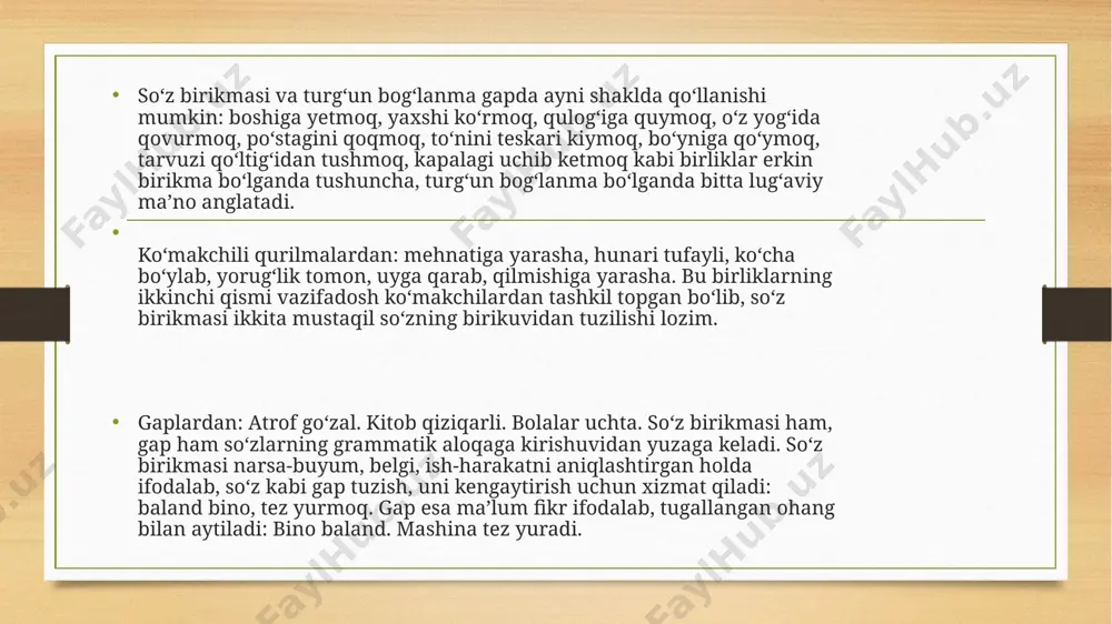 birikma – tobe soʻz vositali yoki vositasiz toʻldiruvchi shaklda keladi. birinchi bor bahorni tanigan, birinchi varrakni uchirgan, birinchi marta hayitlik olgan, birinchi oʻqituvchi, birinchi muhabbatingni tanigan zamin - vatandir. holli birikma – tobe soʻz hol vazifasida keladi: uyga shoshib kirdi (ikkita holli birikma) uyga kirdi, shoshib kirdi. maktabga piyoda joʻnadik (ikkita holli birikma) maktabga joʻnadik, piyoda joʻnadik. image5.png image6.png image3.png image4.png /docprops/thumbnail.jpeg