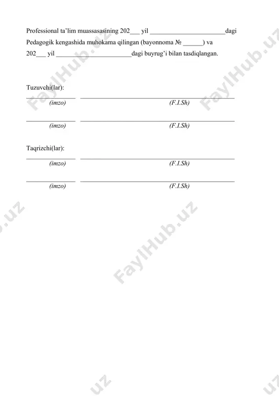 o’quvamaliyotiningmaqsadivavazifalari 1.2.1. amaliyotmashg’ulotiningmaqsadi: pеdagogik amaliyot o`quvchilarni kasbiy bilim, ko`nikma va malakalarini mustahkamlash, ularni qo`llash uslublari bilan tanishtirish, kasbiy mahorat va malakalarini shakllantirishvao`stirishdan iboratdir. 1.2.2. amaliyotmashg’ulotiningvazifalari: · nazariy bilimlarini maktabgacha ta'lim tashkilotlari ta’lim-tarbiya jarayonida qo’llash · ilg`or tarbiyachilarning tajribalariga bog`lash · amaliyot jarayonini didaktik tamoyillar asosida tashkil etish · mtt jarayoni va oila muhitini o`rganish va uni tahlil qila bilish · kasbiy bilimlarini kеngaytirish · ish beruvchining taklif va talablari asosida amaliyotni tashkil etishin · kasbiy ko’nikmalarni egallash va kasbiy faoliyatda qo’llash · “ilk va maktabgacha yoshdagi bolalar rivojlanishiga quyiladigan davlat talablari” · “ilk qadam” davlat o’quv dasturida bеrilgan vazifalar asosida turli yosh guruhlarida mashg’ulotlarni tashkil etish · “bola shaxsiga yo’naltirilgan ta'lim” asosida ish olib borish · amaliyot davomida kasbiy bilim, ko`nikma va malakalarini mustahkamlash · ularning qo`llash uslublari bilan tanishtirish, kasbiy malaka va mahoratlarini shakllantirish va o`stirish vazifalarini amalga oshiradi. 1.3. amaliyot natijalati va mazmuniga qo’yiladigan talablar. 2. amaliyot natijalari …