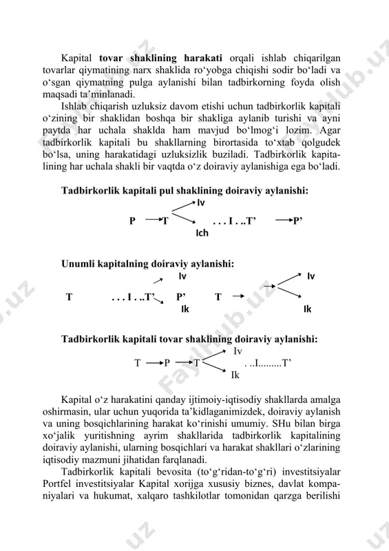 sharoitlarni yaratishdan iborat. bunga pulni ishlab chiqarish vositalari va ishchi kuchi sotib olishga avanslash orqali erishiladi. kapital unumli shaklining harakati tovarlar ishlab chiqa- rish va huddi shu jarayonda qiymatning o‘sishiga erishishni ta’minlash vazifasiga qaratiladi. kapital tovar shaklining harakati orqali ishlab chiqarilgan tovarlar qiymatining narx shaklida ro‘yobga chiqishi sodir bo‘ladi va o‘sgan qiymatning pulga aylanishi bilan tadbirkorning foyda olish maqsadi ta’minlanadi. ishlab chiqarish uzluksiz davom etishi uchun tadbirkorlik kapitali o‘zining bir shaklidan boshqa bir shakliga aylanib turishi va ayni paytda har uchala shaklda ham mavjud bo‘lmog‘i lozim. agar tadbirkorlik kapitali bu shakllarning birortasida to‘xtab qolgudek bo‘lsa, uning harakatidagi uzluksizlik buziladi. tadbirkorlik kapita- lining har uchala shakli bir vaqtda o‘z doiraviy aylanishiga ega bo‘ladi. tadbirkorlik kapitali pul shaklining doiraviy aylanishi: iv p t . . . i . ..t’ p’ ich unumli kapitalning doiraviy aylanishi: iv iv t . . . i . ..t’ p’ t ik ik tadbirkorlik kapitali tovar shaklining …