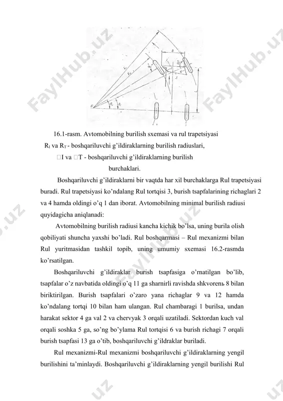 q, 13- burish tsapfasi. avtomobillarda asosan globoidli chervyak-rolik, tsilindrik chervyak-sektor, hamda vint-sektor tipidagi ul mexanizmlari ishlatiladi. ulardan globoidli chervyakrolik tipidagi rul mexanizmi eng ko’p tarqalgan. rul yuritmasi -rul yuritmasi soshkadan berilgan kuchni boshqariluvchi g’ildiraklarning tsapfalariga uzatadi (16.3-rasm). yuritma detallari shunday ulanishi kerakki, boshqariluvchi g’ildiraklarni burganda richag va tortqilar bir-biriga nisbatan birikmalarda turli tomonga yengil og’ishi, va shuningdek, ular o’z birikmalaridan zarur miqdordagi kuchni uzata olishi lozim. buning uchun rul yuritmasining detallari bir-biri bilan sharnirli ravishda, dumaloq kallakli barmoqlar vositasida biriktiriladi. 1 6 . 3 - расм «neksiya» avtomobilining rul boshkarmasi. «neksiya» avtomobilining rul boshqarmasi reyka tipida bo’lib, ilashishdagi shesternya va tishli reykadan iboratdir. rul mexanizmi valdagi shesternyaning aylanma harakatini reykaning ilgarilama qaytma harakatiga aylantiradi. reyka yonida joylashgan sharnirli tortqi yordamida boshqariluvchi g’ildiraklarni buradi. rul boshqarmasi gidrokuchaytirgichga ega bo’lib, u rotorli gidravlik taqsimlagichga ega va magistrallarda moy yurishini boshqaradi. rul chambaragi u yoki bu tomonga burilganda gidravlik taqsimlagich yuqori bosim magistralini …
