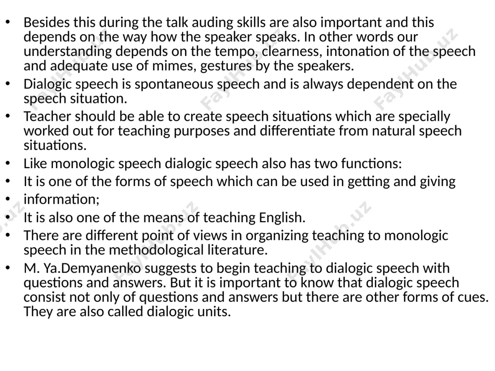 on tasks\ role playing games can be included into such supplementary materials in teaching to dialogic speech. some problems which keep the learners from active participation in the dialogic speech. 1. lack of confidence. 2. fear of making mistakes. 3. the feeling of having nothing to say. 4. lack of language material (words, phrases\ grammatic skills of expressing the idea in the sentences). 1.lack of practice in conversational interaction. recommendations and advised for teacher. 1. create motivation for conversational interaction. 2. pre-teach key vocabulary. 3. create favorable atmosphere for discussion by brainstorming. 4. organize a pair work and group work activities. 5. try to involve all the learners into discussion. 6. encourage the learners in organizing conversation. 7. let your pupils watch a video or listen to tape of native speakers involved in discussion and ask the learners to pay attention to the speech, facial expressions, body movements and gestures …