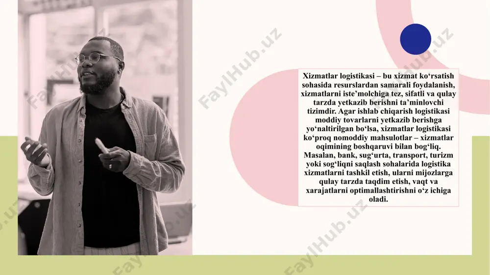 otlar tanqisligi oldi olinadi. xizmatlar logistikasi samaradorligini baholash mezonlari 12 vaqt ko‘rsatkichi – xizmatni yetkazib berish tezligi va belgilangan muddatlarga rioya qilinishi. xizmat sifati – xizmatning standartlarga mosligi, mijoz kutgan natijani berishi. xarajat samaradorligi – xizmat ko‘rsatish xarajatlarini kamaytirish bilan birga sifatni saqlab qolish. xizmatlar logistikasi samaradorligini baholash mezonlari 13 moslashuvchanlik – xizmatni mijozning individual ehtiyojlariga moslashtirish imkoniyati. mijoz qoniqishi – xizmatdan foydalangan iste’molchilarning fikr-mulohazalari, ularning qayta murojaat qilish darajasi. texnologik ko‘rsatkichlar – xizmatlarni ko‘rsatishda ilg‘or texnologiyalar va avtomatlashtirilgan tizimlardan foydalanish darajasi. foydalanilgan adabiyotlar anikin, b. a. логистика: учебник. – moskva: инфра-м, 2018. christopher, m. logistics & supply chain management. – pearson education, 2016. lambert, d. m., stock, j. r., & ellram, l. m. fundamentals of logistics management. – mcgraw-hill, 2015. ghiani, g., laporte, g., & musmanno, r. introduction to logistics systems management. – wiley, 2020. bowersox, d. j., closs, d. j., & cooper, m. b. supply chain logistics management. …