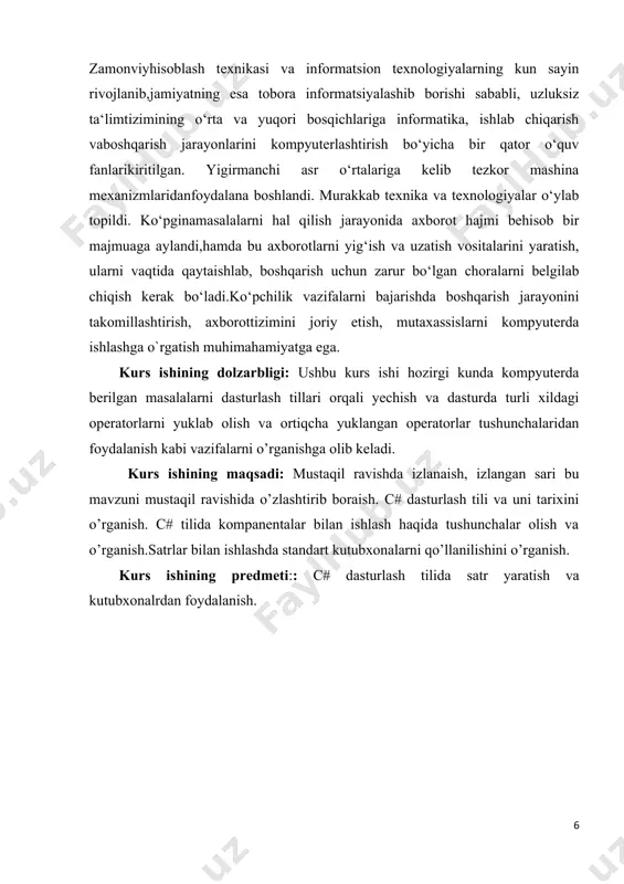 ko'proq joy egallaydi. va visual studio dasturini o'rnatishda kompyuteringizda dasturlarni ishlab chiqish uchun barcha kerakli vositalar, jumladan,. net 5 framework o'rnatiladi. o'rnatish tugallangandan so'ng birinchi dasturni yaratamiz. bu oddiy bo'ladi. avval visual studio-ni ochamiz. boshlang'ich ekranda yangi loyihani yaratishni tanlaymiz.. c# tili o‘zining interfeysi va sintaksisi uning yuqori sathli dasturlash tillarigakirishiga olib keladi. uning butun dasturlash tanasi bo‘ylab boshqarishni ehm gatopshiradi va faqat bajarilishi lozim bo‘lgan shartnigina dasturchi tomonidanyozilishi va shu bilan birga, u tomonidan qo‘llaniladigan ―aqlli‖ dasturlash (ya‘nihar bir kodning boshlang‘ich harfi yoki belgisi kiritilganida u kodning qolganqismini o‘zi namoyish etadi ) ham bu dasturlash tilining keng ommaga ma‘qulkelishini ta‘minlab berdi. vs dagi c# tili ham huddi shu vazifani bajarib beradi.uning console application qismida qora oynali muloqot oynasi yaratiladi va shuqora oyna dastur ishga tushganda paydo bo‘ladi. uning ko‘rinishi avtomatik tarzdavs tomonidan shakllantirilgan bo‘lib u dasturchi tomonidan o‘zgartirilishi mumkinemas. consolda ishlatiladigan barcha komponentalar, ularning kodlari, parametrlarboshqa loyihalarda ham qo‘llanilishi …