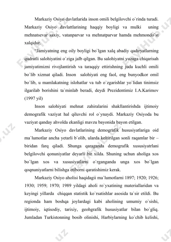 fik hususiyatlar bilan bo`gliq. jumladan turkistonning bosib olinishi, harbiylarning ko`chib kelishi, shaharlarning vujudga kelishi, jahon urushhlarining oqibatlari, milliy va diniy qarashlar davlatlarning parchalanib ketishi va boshqalar. aholining umumiy ko`rsatikichini belgilovchi omillar. masalan: o`zbekistoning aholisi 1940-1945 yillarda 1,4 umumiy soni jihatdan olganda, 1917-1940 yillqarda 2,7 %ga 1960-1970 yilda -3,3 -3,8%ga; 1999 yilda 2,0%ga va keyingi yilarda o`rtacha 1,8%ga o`sdi. markaziy osiyoda aholining umumiy soni 55 mln.kishi shu jumladan o`zbekistonda 27 mln.kishi, qozog`istonda 15,3 mln.kishi va qirg`izistonda 5,2 mln.kishi, turkmanistonda 5,5 mln, tojikistonda 7,0 mln.kishi aholishunoslarning bashoratiga qaraganda 2025 yilga borib respublikalarda aholining soni quyidagicha taqsimlanar ekan. o`zbekistonda- 33 mln.kishi, qozog`istonda 16 mln.kishi, tojikistonda 9,3 mln.kishi, turkmanistonda 6,6 mln. kishi va qirg`izistonda 6,6 mln.kishi. markaziy osiyo regionida umumiy aholi soni 71 mln. kishiga yetadi. aholi o`sishining barcha davlatlarda bir xilda emasligiga regionda shakllangan tarixiy geografik ananaviy va ijtimoiy iqtisodiy xususiyatlar katta ta`sir ko`rsatadi. region aholisining asosiy qismi o`zbekiston respublikasida yashaydi (42 %) …