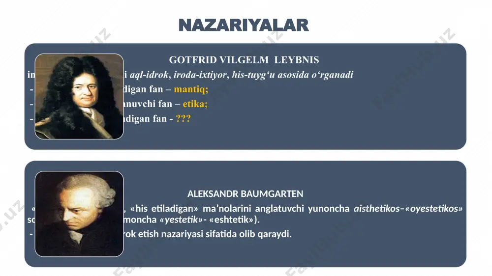 go‘zallik – ma’naviy va moddiy xususiyatga ega bo‘lgan, ijtimoiy hayotda favqulodda ahamiyat kasb etuvchi tushuncha bo‘lib, narsa-hodisalarning inson tafakkurida lazzatning uyg‘unlik, me’yor, hamohanglik, mutanosiblik, maqsadga muvofiqlik asosida namoyon bo‘lishidir. go‘zallik go‘zallik go‘zallik elementlari go‘zaliik sifatlari me’yor maqsadga muvofiqlik tartiblilik uyg‘unlik hamohanglik moslik yaxlitlik birlik mutanosiblik tenglik tug‘yoniylik maftunkorlik foydalilik mo‘jizaviylik go‘zallik go‘zallik xususiyatlari namoyon bo`lishi qulaylik manfaatdorlik yoqimlilik chiroylilik tabiatning go‘zalligi ma’naviy qadriyatlarning go‘zalligi moddiy qadriyatlarning go‘zalligi insonning go‘zalligi ulug‘vorlik ingliz nafosatshunosi e.byork go‘zallikni ulug‘vorlik bilan qiyoslaydi va ularni bir-biriga qarama-qarshi tushunchalar sifatida tadqiq etadi. olmon faylasufi i.kant esa go‘zallik va ulug‘vorlikni uyg‘unlikda rivojlanuvchi tushunchalar deb hisoblaydi. ulardan farqli o‘laroq, faylasuf gegel ulug‘vorlikni go‘zallikning bir ko‘rinishi bo‘lib, ulug‘vorlik - zohiriy go‘zallikning botiniy go‘zallikka aylanishidir, deb tushuntiradi. mazkur fikrlardan ulug‘vorlik - insonning narsa hodislarga estetik va axloqiy mezonlar bilan yondashishi va ulardan yuksak hayratlanish tuyg‘usini hosil qiluvchi estetik hissiyot majmui, degan fikr kelib chiqadi. tubanlik tubanlik - insonda kuchli nafratlanish tuyg‘ularini …