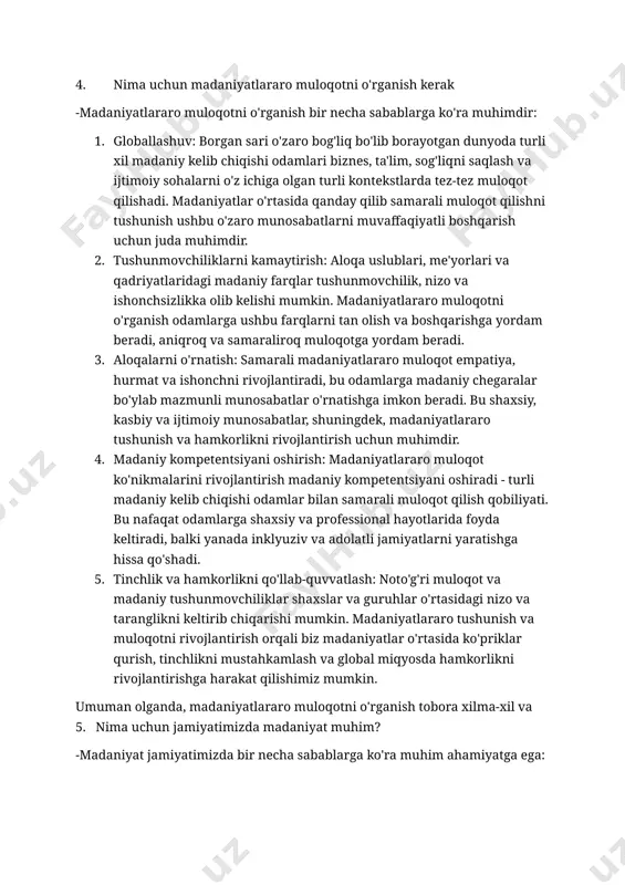 mashg'ulotlar mashhur o'yin-kulgidir 4. nima uchun madaniyatlararo muloqotni o'rganish kerak -madaniyatlararo muloqotni o'rganish bir necha sabablarga ko'ra muhimdir: 1. globallashuv: borgan sari o'zaro bog'liq bo'lib borayotgan dunyoda turli xil madaniy kelib chiqishi odamlari biznes, ta'lim, sog'liqni saqlash va ijtimoiy sohalarni o'z ichiga olgan turli kontekstlarda tez-tez muloqot qilishadi. madaniyatlar o'rtasida qanday qilib samarali muloqot qilishni tushunish ushbu o'zaro munosabatlarni muvaffaqiyatli boshqarish uchun juda muhimdir. 2. tushunmovchiliklarni kamaytirish: aloqa uslublari, me'yorlari va qadriyatlaridagi madaniy farqlar tushunmovchilik, nizo va ishonchsizlikka olib kelishi mumkin. madaniyatlararo muloqotni o'rganish odamlarga ushbu farqlarni tan olish va boshqarishga yordam beradi, aniqroq va samaraliroq muloqotga yordam beradi. 3. aloqalarni o'rnatish: samarali madaniyatlararo muloqot empatiya, hurmat va ishonchni rivojlantiradi, bu odamlarga madaniy chegaralar bo'ylab mazmunli munosabatlar o'rnatishga imkon beradi. bu shaxsiy, kasbiy va ijtimoiy munosabatlar, shuningdek, madaniyatlararo tushunish va hamkorlikni rivojlantirish uchun muhimdir. 4. madaniy kompetentsiyani oshirish: madaniyatlararo muloqot ko'nikmalarini rivojlantirish madaniy kompetentsiyani oshiradi - turli madaniy kelib chiqishi …
