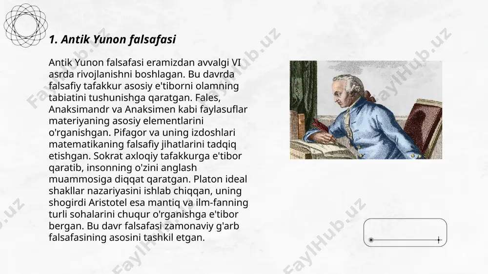 onsizdir. skeptitsizm tarix davomida turli madaniyatlar va ilmiy nazariyalar rivojida muhim rol o‘ynagan, va hozirgi zamonda tanqidiy fikrlashning asosi bo‘lib xizmat qiladi. ... t.me/slaydai_bot 7. yangi aflotuniylik yangi aflotuniylik (neoplatonizm) qadimgi yunon falsafasining so‘nggi bosqichida, taxminan 3-6-asrlarda rivojlangan falsafiy oqimdir. asoschisi plotin (milan, 204/205 – kampaniya, 270) bo‘lib, uning eng muhim asarlari "enneadlar" hisoblanadi. aflotun, aristotel va boshqa yunon olimlarining g‘oyalarini sintez qilib, yangi aflotuniylik ilohiy falsafaga, ruhiy dunyo va birlik tushunchalariga ahamiyat qaratadi. uning davomchilari orasida porfiriy, iamvlik va prokl kabi faylasuflar bor edi. bu oqim o‘sha davrda xristian ilohiyotiga ta'sir ko‘rsatdi va o‘rta asr yevropasida ham muhim o‘rin egalladi. falsafiy va diniy tafakkurga katta ta'sir o‘tkazgan bu oqim sharq falsafasida ham muhim rol o'ynagan. ... t.me/slaydai_bot oʻrta asrlar xristian falsafasi xristian teologiyasi va yunon falsafasining uygʻunlashuvi natijasida shakllandi. bu davrda asosiy taʼsir koʻrsatganlar orasida avliyo avgustin (354-430) va tommaso akvinoliy (1225-1274) ajralib turadi. avgustin xristian e'tiqodini platonik falsafa …