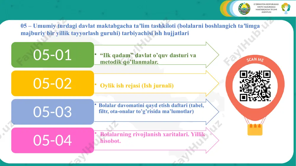 ashni loyihalashtirishdan iboratdir. maktabgacha taʼlim tashkilotlarida pedagogik faoliyatni rejalashtirish bolalar hayotini toʻgʻri tashkil etishning negizi hisoblanib, bunda tarbiyachilar taʼlimiy vazifalar, bolalar bilan birgalikda olib boriladigan ish shakllari, rivojlantiruvchi muhitga kiritish lozim boʻlgan oʻzgartirishlarni belgilab beradi. rejalashtirish taʼlim-tarbiya jarayonida individual yondashuvni amalga oshirish, bolalarga axborot va jismoniy vazifalarni meʼyorlash imkonini beradi. ish rejasining toʻlaqonli bajarilishini tahlil qilish, bolaning rivojlanish surʼatini kuzatish va ular uchun yanada qulay sharoitlar yaratish imkonini beradi. o’zbekiston respublikasi mmtv huzuridagi maktabgacha ta’limi agentligi oʻquv yili uchun yillik vazifalar guruhning kun tartibi ertalabki badantarbiya taʻlimiy - t arbiyaviy faoliyatlar rivojlanish sohalari bo‘yicha maqsadla ertalabki doira ertalabki davra suxbati mavzusi umumiy guruh boʻlib ishl ash (frontal) rivojlanish markazlarida bolalar tanlovi asosida haftalik mavzu bo`yicha ta'lim va tarbiya jarayoni. birinchi sayr kunning ikkinchi yarimi ikkinchi sayr mtt metodisti (rahbar)ning tavsiya va koʻrsatmalari 05-02 oylik ish rejasi (ish jurnali) o’zbekiston respublikasi mmtv huzuridagi maktabgacha ta’limi agentligi markazlardagi faoliyatlar – taʼlim faoliyati …