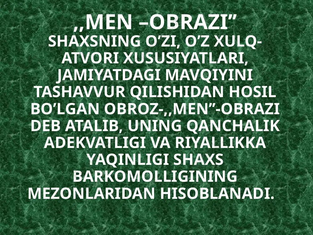 dagog va murabbiylar, yaqinlarning o’rinli va asosli baholari, real samimiy munosabatlar mahshuli bo’lib hisoblanadi. bunda shaxs uchun etalon, ibratli hisoblangan insonlar guruhi-referent gutuh deb ataladi. audio1.wav image2.jpeg /docprops/thumbnail.jpeg