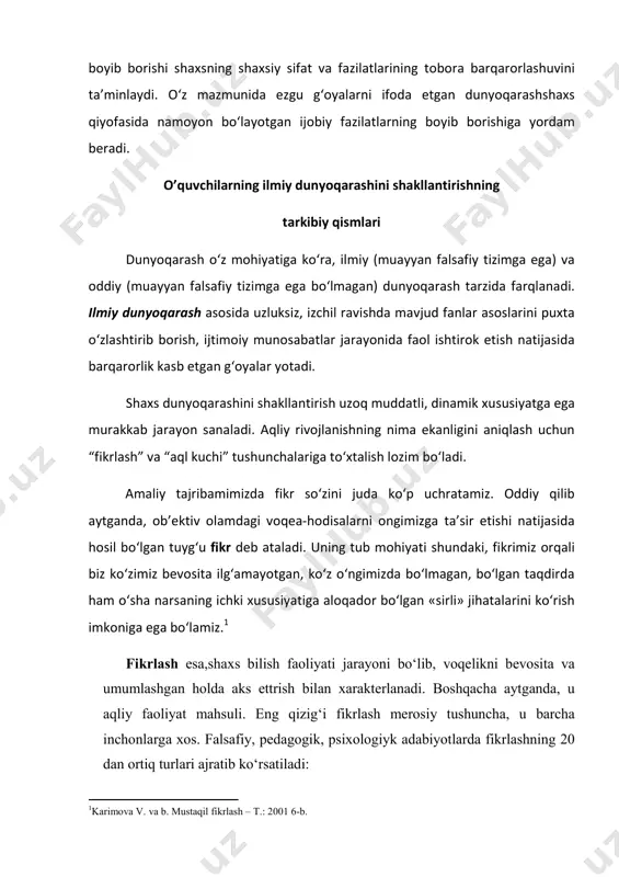 n falsafiy tizimga ega) va oddiy (muayyan falsafiy tizimga ega bo‘lmagan) dunyoqarash tarzida farqlanadi. ilmiy dunyoqarash asosida uzluksiz, izchil ravishda mavjud fanlar asoslarini puxta o‘zlashtirib borish, ijtimoiy munosabatlar jarayonida faol ishtirok etish natijasida barqarorlik kasb etgan g‘oyalar yotadi. shaxs dunyoqarashini shakllantirish uzoq muddatli, dinamik xususiyatga ega murakkab jarayon sanaladi. aqliy rivojlanishning nima ekanligini aniqlash uchun “fikrlash” va “aql kuchi” tushunchalariga to‘xtalish lozim bo‘ladi. amaliy tajribamimizda fikr so‘zini juda ko‘p uchratamiz. oddiy qilib aytganda, ob’ektiv olamdagi voqea-hodisalarni ongimizga ta’sir etishi natijasida hosil bo‘lgan tuyg‘u fikr deb ataladi. uning tub mohiyati shundaki, fikrimiz orqali biz ko‘zimiz bevosita ilg‘amayotgan, ko‘z o‘ngimizda bo‘lmagan, bo‘lgan taqdirda ham o‘sha narsaning ichki xususiyatiga aloqador bo‘lgan «sirli» jihatalarini ko‘rish imkoniga ega bo‘lamiz. 1 fikrlash esa,shaxs bilish faoliyati jarayoni bo‘lib, voqelikni bevosita va umumlashgan holda aks ettrish bilan xarakterlanadi. boshqacha aytganda, u aqliy faoliyat mahsuli. eng qizig‘i fikrlash merosiy tushuncha, u barcha inchonlarga xos. falsafiy, pedagogik, psixologiyk adabiyotlarda fikrlashning …