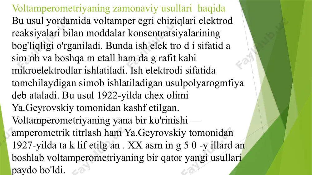 voltamperometriyainversion voltamperometriya usuli (anodda eritish polyarografiyasi, uzluksiz o'zgaruvchi potensialli anod voltamperometriyasi, yig'uvchi am algam ali polyarografiya kabi)ning mohiyati shundaki, avvalo, eritmadagi aniqlanadigan modda elektrod sirtida to'planadi, so'ngra elektrodga boshqa ishorali o'zgarm as potensial beriladi, natijada elektrodda to'plangan modda eriydi. moddani to'plash uchun, agar u musbat zaryadlangan bo'lsa, katod jarayoni, anion yoki organik modda bo 'lsa, anod jarayoni ishlatiladi. aniqlash uchun teskari jarayon qo'llaniladi. inversion voltamperometriyaning sezuvchanligi klassik polyarografiyadan ko'ra 2-5-3 tartib yuqori bo'lib, 10+7-5-10+9 m ga teng. elektrodga to'plangan moddani elektrolitik eritish natijasida o'ziga xos voltamperometrik chiziq hosil bo'ladi.voltamperogrammadagi o'tkir chuqurchaning o 'rn i moddaning tabiatiga (sifatiy kattalik), uning c h u q u rlig i esa konsen tratsiy a sig a t o 'g 'r i k elad i. in v ersio n voltamperometriya usulida konsentrlovchi elektrod sifatida turg'un simob tom chisi, qattiq m etall, grafit, tom chilaydigan am algam a, amalgamalangan (yupqa qavatli) elektrodlar ishlatiladi. tomchilaydigan amalgamali elektrod …