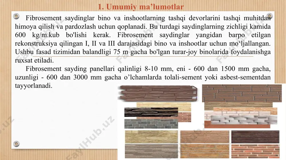 ya bo'yoqlari bilan bo’yaladi. ishonchlilik uchun sayding panellari kamida uchta punktga maxkmlanishi kerak. fibrosement sayding panellarini kesish quyidagi usul yordamida amalga oshiriladi: - elektrolobzika; - dumaloq arra; - qo'l asbobi. gorizontal sayding panellarini montaj qilish gorizontal profilli panellarni o’rnatishda vertikal-gorizontal sxemada vertikal yo’nalishda karkaslar asosga maxkamlanadi. verikal ravishta o’rnatiladigan karkaz profillar po'latdan yasalgan, sovuq yoki issiq usulda ishlov berilgan rux qoplamasi va qo'shimcha poliester qoplamasi bilan qoplamgan bo’ladi. bundan tashqari korroziya chidamli po’latdan yasalgan bo’lishi mumkin. profillar asosga o’rnatish - kronshtyeyn konsolining tepa qismiga samoraezlar orqali maxkamlanab amalga oshiriladi. propillarni kronshtyeyn konsoliga o’rnatishda issiqlikni izolyatsiyalovchi materialning o’lchamini ham hisobga olish kerak bo’ladi (100-250 mm). agar kerak bo'lsa, loyiha uchun 10-15 mm harorat bo'shliqlari joylashtirilishi kerak (har 6,0 m. da). vertikal sayding panellarini montaj qilish vertikal sayding panellarni o’rnatishda vertikal-gorizontal sxemada gorizontal yo’nalishda karkaslar asosga maxkamlanadi. gorizontal ravishta o’rnatiladigan karkaz profillar po'latdan yasalgan, sovuq yoki issiq usulda ishlov berilgan rux qoplamasi …