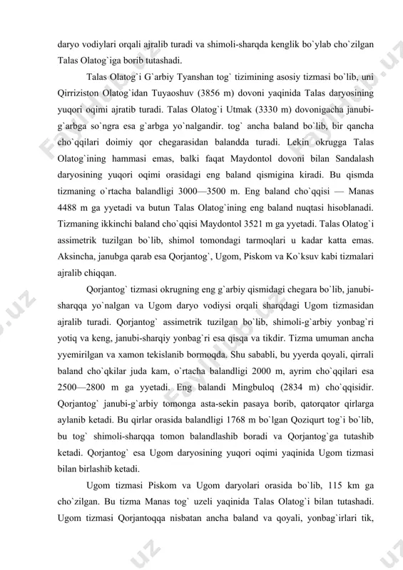 gi 1768 m bo`lgan qoziqurt tog`i bo`lib, bu tog` shimoli-sharqqa tomon balandlashib boradi va qorjantog`ga tutashib ketadi. qorjantog` esa ugom daryosining yuqori oqimi yaqinida ugom tizmasi bilan birlashib ketadi. ugom tizmasi piskom va ugom daryolari orasida bo`lib, 115 km ga cho`zilgan. bu tizma manas tog` uzeli yaqinida talas olatog`i bilan tutashadi. ugom tizmasi qorjantoqqa nisbatan ancha baland va qoyali, yonbag`irlari tik, chuqur soylari ko`p. ugom tizmasining o`rtacha balandligi 3000 m bo`lib, ayrim cho`qqilari 3500—4000 m ga yyetadi. eng baland joyi sayram cho`qqisidir (4238). ugom tizmasi shimoli-sharqqa borgan sari balandlashadi va qoyali, qirrali ko`pgina cho`qqilarni hosil qiladi. cho`qqilar orasidagi vodiylarda esa qor uyumlari va kichik-kichik muzliklar ham uchraydi, sayram cho`qqisidan shimoli-sharqqa borgan sari tizma bir qancha tarmoqlarga ajraladi. bu tarmoqlardan eng muhimlari tuproqbel va maydontoldir. tuproqbel tog`i onao`lgan va oyrayin daryolari orasidadir. bu tog`lar ancha baland bo`lib, ba`zi cho`qqilari 4300 m ga yyetadi (tuproqbel cho`qqisi 4234 m.) shu sababli bu yyerda …