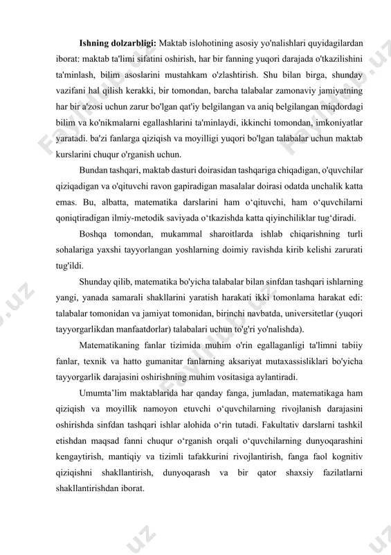 di: talabalar tomonidan va jamiyat tomonidan, birinchi navbatda, universitetlar (yuqori tayyorgarlikdan manfaatdorlar) talabalari uchun to'g'ri yo'nalishda). matematikaning fanlar tizimida muhim o'rin egallaganligi ta'limni tabiiy fanlar, texnik va hatto gumanitar fanlarning aksariyat mutaxassisliklari bo'yicha tayyorgarlik darajasini oshirishning muhim vositasiga aylantiradi. umumta’lim maktablarida har qanday fanga, jumladan, matematikaga ham qiziqish va moyillik namoyon etuvchi o‘quvchilarning rivojlanish darajasini oshirishda sinfdan tashqari ishlar alohida o‘rin tutadi. fakultativ darslarni tashkil etishdan maqsad fanni chuqur o‘rganish orqali o‘quvchilarning dunyoqarashini kengaytirish, mantiqiy va tizimli tafakkurini rivojlantirish, fanga faol kognitiv qiziqishni shakllantirish, dunyoqarash va bir qator shaxsiy fazilatlarni shakllantirishdan iborat. maktab geometriyasining asosiy kursida to'rtburchaklarni o'rganish an'anaviy bo'lim bo'lib, maktab ta'limining barcha davrlarida juda muhimdir. 9-sinf geometriya kursida bu mavzu juda dolzarbdir, chunki muhokama qilingan materialda, poydevorda bo'lgani kabi, geometriyaning boshqa bo'limlari ham qurilgan va o'rganilgan: raqamlar, maydonlar, ko'pburchaklar o'zgarishi. bundan tashqari, ko'pburchaklar, maydonlar va hajmlarni o'rganish ham ushbu mavzuga asoslanadi. shu bilan birga, "to'rtburchaklar" mavzusini o'rganishda ma'lum …