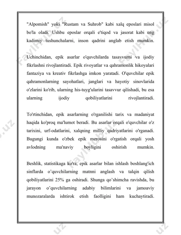 rini ochib beruvchi axborot bilan ta'minlanadi va ko‘rsatilib berilishi rejalashtirilgan hikoyalar yoki asarlar ijro etiladi. 4. **baholash mezonlari**: - ovoz va talaffuz aniqligi, asarni to‘g‘ri tushunish va ifodalash ko‘nikmalari baholanadi. - ijro mahorati, jumladan, mimika, intonatsiya va ishtirokchi tomonidan yaratilgan umumiy taassurot muhim hisoblanadi. - boshlang‘ich sinf o‘quvchilarining yoshiga mos ravishda ham ikkiga ajratiladigan baholash mezonlari qo‘llanadi. 5. **tanlov natijasi va mukofotlar**: - ishtirokchilar orasidan eng yaxshi ijrochilar tanlab olinadi va mukofotlanadi. - g‘oliblarga kitoblar, diplomlar, esdalik sovg‘alari va boshqalar beriladi. - tanlov yakunida barcha ishtirokchilarga nomoddiy rag‘batlantirish vositalari ham qo‘llaniladi, masalan, maktabda nashr qilinadigan bulletinlarda alohida maqola yoki profil ochilishi. 6. **o‘tkazilgan tanlovlarning natijalari va statistik ma'lumotlar**: - mamlakatda o‘tkazilgan bunday tadbirlar natijasida o‘quvchilarning adabiyotni o‘rganishga qiziqishi oshib borganligi hamda ma'naviy-axloqiy tarbiyasida ijobiy natijalar qayd etilgan. - har yili o‘tkaziladigan tanlovlarda o‘rtacha 2000 dan oshiq bola ishtirok etadi. - o‘tkazilgan so‘rovlar natijasida 95% ishtirokchilar tanlovni qiziqarli va foydali deb …