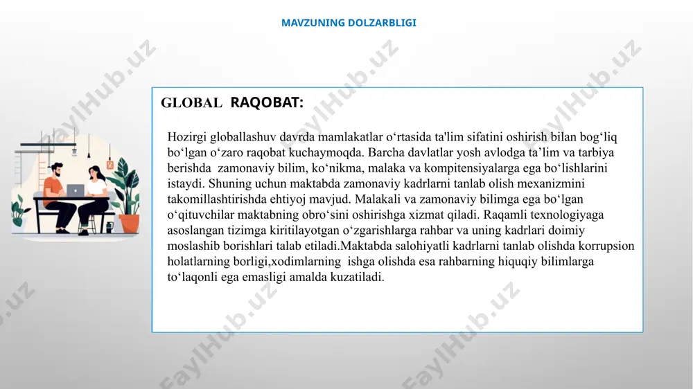 i uchun munosib nomzodlarni tanlash maqsadida tashkil etadi va o‘tkazadi. o‘zbekiston respublikasi kambag‘allikni qisqartirish va bandlik vazirining 2023-yil 26-iyundagi 52-2023/b-sonli buyrug‘i mavzuga oid adabiyotlar tahlili mahalliy adabiyotlar a.e.kenjaboyev, b.x.karimova pedagogik menejment asoslari o‘quv qo‘llanma termiz – 2023-yil o.hasanov, “liderlar kitobi” toshkent, “muharrir” nashriyoti 2023 y 1 hozirgi zamon o‘qituvchisining asosiy vazifalaridan biri – kasbiy kompetentligi va intellektual salohiyatining yuqoriligi, sadoqatliligi, g‘oyaviy e’tiqodligi va o‘z kasbini sevishidir. bu fazilatlar pedagoglarni boshqa kasb egalaridan ajratib turadi. yaxshi rahbar ,birinchi navbatda jamoani yagona maqasd sari birlashtira oladigan odam.ikkinchi o‘rinda ,xodimlarni eshita oladigan shaxs ,uchinchi navbatda ,uzoqni ko’ra olishi ham muhim.. xorijiy adabiyotlar “demokratiya va ta'lim” (democracy and education) jon dyui (john dewey) demokratiya va ta'lim ” (democracy and education) uning asarlari ta'lim, falsafa va demokratiya masalalariga bag'ishlangan bo'lib, ularning ko'pchiligida rahbarlik va demokratik boshqaruvga oid fikrlarni topish mumkin. dyui rahbarlikni oddiy buyruq berishdan ko'ra, jamoaviy rivojlanishga va hamkorlikka asoslangan deb hisoblagan. mavzuni o‘rganishdan …