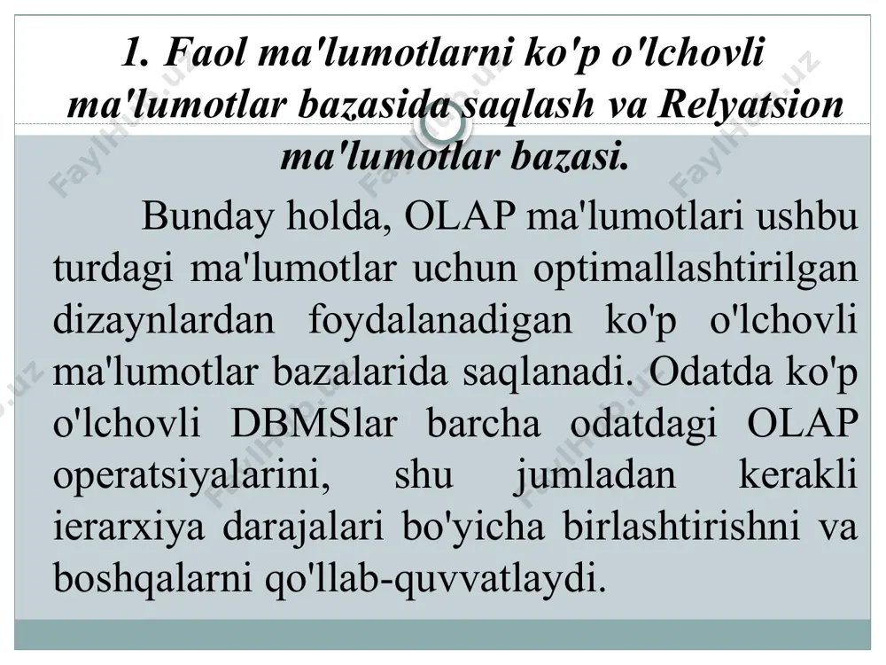 r yangi va juda istiqbolli texnologiyaning asosiy mazmuniga aylandi. 2. olap mahsulotlarining tasnifi. olap (inglizcha online analitik ishlov berishdan - ma'lumotlarni tezkor analitik qayta ishlash, shuningdek: ma'lumotlarni real vaqt rejimida analitik qayta ishlash, ma'lumotlarni interaktiv analitik qayta ishlash) - ularning ko'p o'lchovli ierarxik vakolatxonalari asosida ma'lumotlarni analitik qayta ishlashga yondashuv, bu axborot texnologiyalari - biznesning yanada keng doirasiga kiradi. shunday qilib, olapning mohiyati shundan iboratki, tahlil uchun dastlabki ma'lumotlar ko'p o'lchovli kub shaklida taqdim etiladi va uni o'zboshimchalik bilan boshqarish va kerakli ma'lumot qismlarini - hisobotlarni olish qobiliyati ta'minlanadi. bunday holda, oxirgi foydalanuvchi kubni har xil bo'limlarda (o'lchamlarda) ma'lumotlarni (faktlarni) avtomatik ravishda umumlashtiradigan va hisob-kitoblarni va hisobot shaklini interaktiv ravishda boshqarish imkonini beradigan ko'p o'lchovli dinamik jadval sifatida ko'radi. ushbu operatsiyalar olap mashinasi (yoki olap hisoblash mashinasi) tomonidan amalga oshiriladi. bugungi kunda dunyoda olap texnologiyalarini tatbiq etadigan ko'plab mahsulotlar ishlab chiqarilgan. ularning orasida harakatlanishni osonlashtirish uchun olap mahsulotlarining tasniflari qo'llaniladi: …