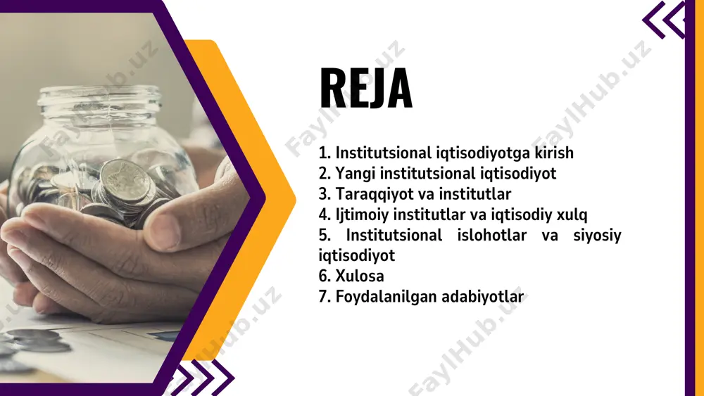 lass north institutlarning vaqt o‘tishi bilan qanday o‘zgarishini va bu o‘zgarishlarning iqtisodiy natijalarga qanday ta’sir qilishini tahlil qilgan. institutlarning taraqqiyotdagi roli: iqtisodiy rivojlanish nafaqat kapital va mehnat resurslariga, balki institutlarning sifatiga ham bog‘liq. barqaror institutlar iqtisodiy o‘sishni rag‘batlantiradi. - qonun ustuvorligi: huquqiy tizimning mustahkamligi investorlar ishonchini oshiradi, mulk huquqlarini himoya qiladi va iqtisodiy faoliyatni barqarorlashtiradi. - korrupsiya va iqtisodiy o‘sish: korrupsiyaga qarshi kurashuvchi institutlar resurslardan samarali foydalanishni ta’minlaydi. korrupsiyalashgan tizim esa iqtisodiy o‘sishni sekinlashtiradi. - rivojlanayotgan mamlakatlar misolida: ko‘plab rivojlanayotgan davlatlarda iqtisodiy muammolar institutlarning zaifligi bilan bog‘liq. masalan, mulk huquqlarining noaniqligi, sud tizimining mustaqil emasligi va siyosiy beqarorlik. - acemoglu va robinson nazariyasi: “why nations fail” asarida mualliflar inkluziv (hamma uchun ochiq) institutlar taraqqiyotga olib kelishini, ekstraktiv (resurslarni tortib oluvchi) institutlar esa iqtisodiy tanazzulga sabab bo‘lishini ta’kidlaydi. 3. taraqqiyot va institutlar 4. ijtimoiy institutlar va iqtisodiy xulq madaniyat va urf-odatlarning roli: iqtisodiy qarorlar ko‘pincha faqat raqamlar asosida emas, balki madaniy …