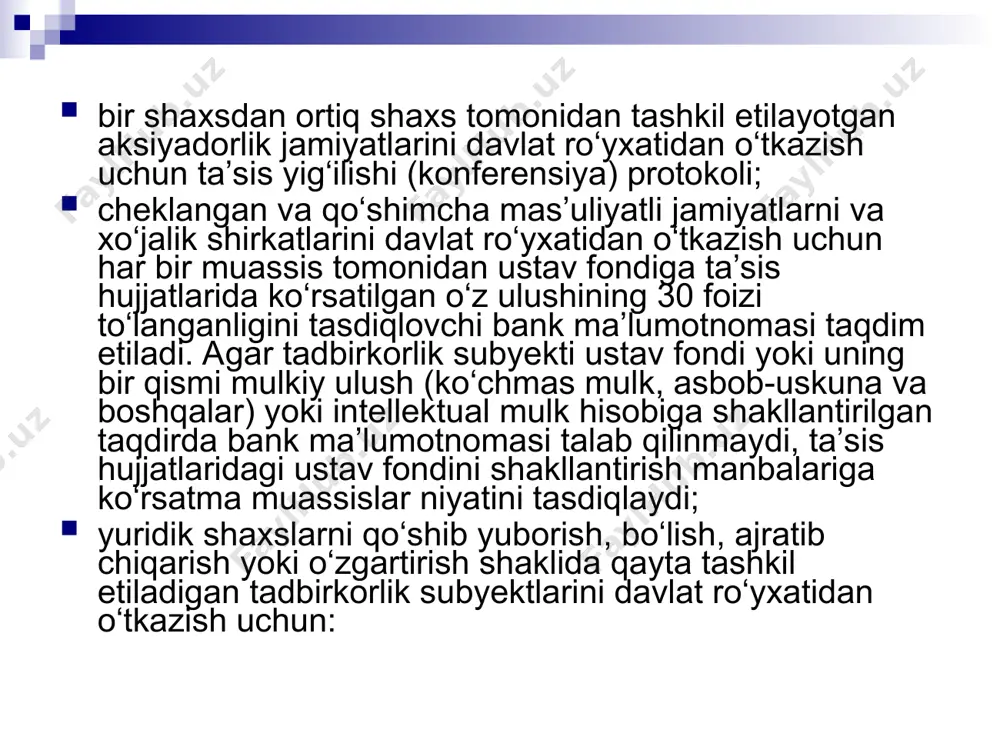 yangi korxonaning tashkil etish uni davlat ro`yxatidan o`tkazish va litsenziya olish tartibi - Page 5