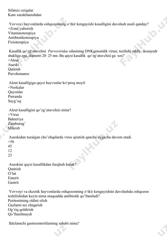 gi qaysi hisoblanadi? +diareya ich qotish anemiya gipodinamiya ekzotik hayvonlarda gastroenteritni diagnostika qilishda qaysi yuqumli kasalliklardan farqlash lozim? kolibakterioz va salmonellyoz kolibakterioz va rinit salmonellyoz va enterit kolibakterioz va stomatit pankreatit nima? oshqozon osti bezining yallig’lanishi oshqozon ichaklar yallig’lanishi faqat ichaklar yallig’lanishi faqat oshqozonning yallig’lanishi soxta qutirish qaysi kasallikning nomi? auyeski quturish pasrerellyoz salmonellyoz o'tkir pankreatit og’riqli kechganda hayvon qanday pozani egallaydi? majburiy ravishda "bukilish" majburiy ravishda "yotish" majburiy ravishda "yurish" majburiy ravishda "utirish" pankreatitda qon va siydikda amilaza miqdori qanday o’zgaradi? ko’payadi kamayadi o’zgarmaydi barchasi bulishi mumkin aueski qanday kasallik? virusli bakterial zamburug‘li yuqumsiz gastroenterit nima? oshqozon va ichaklarning yallig’lanishi oshqozon yallig’lanishi ichaklarning yallig’lanishi yo’g’on ichak yallig’lanishi parrandalarga tuberkulyozning qaysi turi kasallik chaqiradi? mycobakterium avium mycobakterium suis mycobakterium canis mycobakterium bovis yosh hayvonlarda raxit kasalligining sababi nimada? kalsiy va fosfor hamda vitamin d yetishmasligi oqsil va energiya almashinuvi buzilishi kalsiy va suv almashinuvi buzilishi yog’lar va minerallar almashinuvi buzilishi …