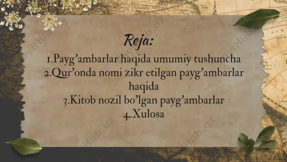 gʻambar qilib yuborgan. nuh oʻz qavmi ichida uzoq umr koʻrdi, yaʼni 950 yil yashadi. hud-qurʼonga koʻra, u od qavmidan boʻlib, bu qavm gavdali, jismonan baquvvat kishilar boʻlib, yaman va ummon oʻrtasidagi ahqof degan joyda yashagan. 1 2 3 payg’ambarlar ibrohim-alloh makkai mukarramada baytulloh (allohning uyi) ning bunyod boʻlishi, islom arkonlarining besh farzi — haj qilish ibrohimga borib taqaladi.allohning chin doʻsti (halilulloh), imom, siddiq va hanif deb taʼriflanadi. ismoil-ibrohim(as)ning oʻgʻli. qurʼonda u oʻz axlini namoz oʻqish, zakot berishga buyurganligi yozilgan. allohning amri boʻyicha oʻz otasi bilan kaʼba ibodatxonasini bunyod etgan. yaqub-ibrohimning nabirasi va ishoqning oʻgʻli isroil, ayniqsa, yahudiylikda yuqori maʼnaviy maqomga ega. xristianlikda diniy yetakchi sifatida, islomda esa paygʻambar sifatida qaraladi. 1 2 3 payg’ambarlar yusuf- yaʼqub paygʻambarning oʻgʻli, tushlarni taʼbir qilish qobiliyatiga ham ega boʻlgan. uning hayoti tarixi qur'onning 111 oyatdan iborat “yusuf’’ surasi bag’ishlangan bo‘lib, qur’onda 27 marta zikr qilingan. ayyub-bonu isroil qavmiga yuborilgan islom paygʻambari (nabi).u sabr timsoli …