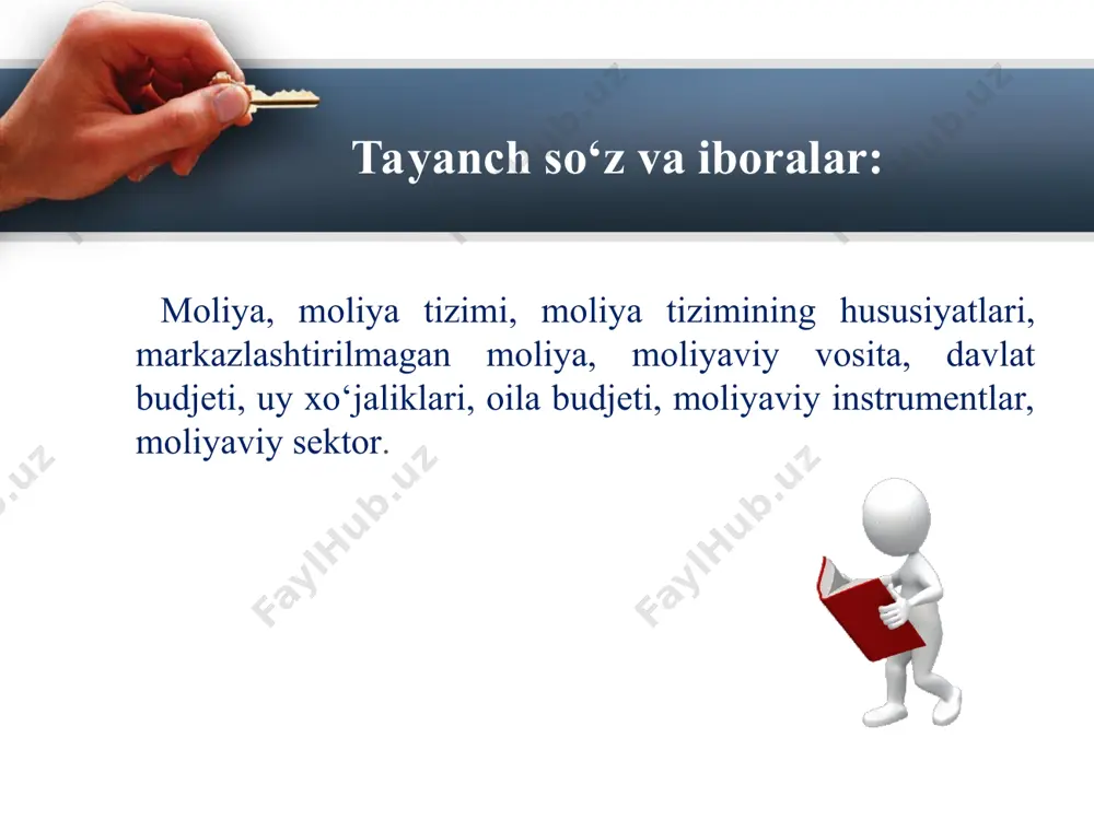 usullari va vositalaridan foydalanishni ta’minlash, ya'ni milliy mahsulotni takror ishlab chiqarish aholini to‘liq ish bilan va kam infliatsiya bilan amalga oshiriladigan bunday moliyaviy sharoitlarni yaratishdir. ushbu strategik maqsadga erishish jarayonida moliyaviy tizim quyidagi vazifalarni hal qilish kerak: tovarlar va xizmatlar samarali almashinuvini amalga oshirish; iqtisodiyotning ehtiyojlariga javob beradigan pul shaklida kapitalni yaratish; ehtiyojlarni real imkoniyat yani boylikka aylantirishga yordam berish. 2. moliya tizimida davlat moliyasining o‘rni va ahamiyati davlat moliyasi - pul munosabatlarining shaklidir, unda davlat ishtirok etadi. davlat moliyasi – yaim va milliy daromadni taqsimlash jarayonida markazlashtirilgan fondlarni shakllantirish va ulardan foydalanish bilan pul munosabatlari tizimini o‘zida ifodalaydi. davlatning funksiyalarini ijtimoiy, siyosiy va iqtisodiy kabi turlarga ajratish mumkin. davlatning jamiyatdagi iqtisodiy agеnt sifatidagi faoliyatini quyidagi funksiyalari bilan bеlgilanadi: 1. moliyaviy rejalashtirish. kelgusi hisobot davri uchun maqsadlarni belgilash, hukumat o‘rtasidagi vakolat va majburiyatlarni taqsimlash, davlat budjetini shakllantirish, soliq siyosatidagi o‘zgarishlarni amalga oshirish va boshqalar nazarda tutiladi. 2. moliyaviy nazorat. davlat …