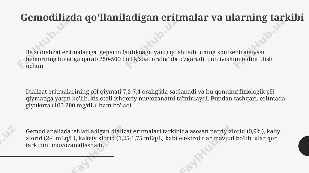 am beradi. dializ jarayonining asosiy printsiplari dializ jarayoni, 10-30 kda oralig'idagi molekulalarni o'tkazmaydigan yarim o'tkazuvchan membrana orqali erituvchi va kichik molekulalarning diffuziyasi va konveksiyasi asosida amalga oshiriladi. gemodilizda, qon plazmasidan toksinlarni va ortiqcha suyuqlikni olib tashlash uchun, taxminan 3-4 soat davom etadigan 2-3 litr dializat eritmasidan foydalaniladi, bu jarayon qonning tozalashini ta'minlaydi. dializ samaradorligi, membrananing yuzasi, dializatning hajmi, konsentratsiya gradienti va dializ vaqtiga bog'liq bo'lib, yuqori samaradorlik uchun optimal shartlarni tanlash muhimdir. e'tiboringiz uchun rahmat @taqdimot_robot