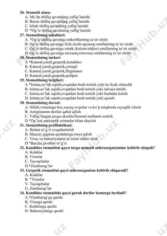 h 31. stomatitning profilaktikasi: a. bolani to’g’ri ovqatlantirish b. shaxsiy gigiena qoidalariga rioya qilish c. virus va bakteriyalarni ta’sirini oldini olish d *barcha javoblar to’g’ri 32. kandidoz stomatitni qaysi turga mansub mikroorganizmlar keltirib chiqadi? a. kokklar b. viruslar c. tayoqchalar d.*zamburug’lar 33. gerpetik stomatitni qaysi mikroorganizm keltirib chiqaradi? a. kokklar b. *viruslar v. tayoqchalar g. zamburug’lar 34. kandidoz stomatitda qaysi guruh dorilar bemorga beriladi? a.*zamburug’ga qarshi b. virusga qarshi c. kokklarga qarshi d. bakteriyalarga qarshi 35. gerpetik stomatitda qaysi guruhga mansub antibakterial dorilar bemorga beriladi? a. amburug’ga qarshi b.*virusga qarshi c. kokklarga qarshi d. bakteriyalarga qarshi 36.askaridozning ichak bosqichiga xos bo‘lgan simptomlarni aniqlang 1. harorat ko‘tarilishi,qabziyat; 1. orqa chiqaruv teshigi atrofidagi terining qichishishi va qizarishi; 1. o‘ng qovurg‘a ostida og‘riq,jigarda abssess. 1. *qorinda og‘riq,ko‘ngil aynish,qusish; 37. askaridalar odamning qaysi a’zosida parazitlik qiladi? 1. jigar va taloqda; 1. *ingichka ichakda; 1. orqa chiqaruv teshigi atrofidagi; 1. o‘ng qovurg‘a ostida. 38.exinokokklar uchun …