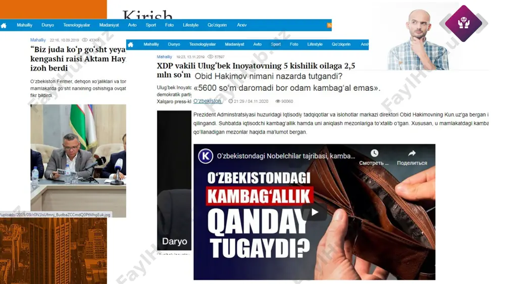 yuqori ishsizlik bilan birga keladi: ishsiz ishchilar- bu ish uchun mavjud bo'lgan va faol ravishda izlayotgan, ammo ish topa olmaydigan odamlar soni.. o'sish va bisnes sikllari bilan bir qatorda ishsizlik muammosi makroiqtisodiyotning uchinchi muhim masalasidir.. ishsizlikning eng yaxshi o'lchovi - ishsizlik darajasi iqtisodiyot yaxshi yurgan paytlarda ham yuqori darajada qolishi mumkin. ishsizlik - bu ko'pincha iqtisodiyot holatining o'lchovi sifatida ishlatiladi. ‹#› kirish… makro ... biznes vaqtasi muammolar manzil: makroiqtisodiyot nima sababdan ishsizlik darajasi iqtisodiy o1sish davrida ham yuqori darajada qolishi mumkin? ‹#› kirish… makro ... vaqt o'tishi bilan aksariyat tovarlar va xizmatlarning narxi oshishi inflyatsiya deb ataladi. tushishi esa deflyatsiya deyiladi. the inflyatsiya darajasi bu narxlar o'rtacha darajasining foizda oshishi. agar iste'mol narxlarining yillik inflyatsiya darajasi 10% bo`lsa iste'molchilar sotib oladigan buyumlarning narxi yiliga o'rtacha 10% ga ko'tarilib boradi. inflyatsiyaning ta'siri qachon inflyatsiya darajasi juda yuqori daraja bo`lsa narxlar har kun yoki soatda o'zgarib turadi. yuqori inflyatsiya, shuningdek, pulning sotib …