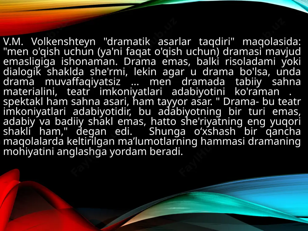 iliklari oldida chekinmagan, oʻzligini anglashga intilgan va oʻzini namoyon eta olgan qator insonlar obrazlari yaratildi. biroq shu bilan birga, hali yaratilayotgan qahramonlarning hammasini badiiy yetuk, davr sinoviga bardosh beradigan qahramonlar, deyishga erta. shunday boʻlsa-da, dastlabki dadil va muvaffaqiyatli qadamlar bu yoʻldagi ishlarning ertangi kuniga katta umid uygʻotadi. bu jarayon nechogʻliq murakkab va koʻp qirrali boʻlmasin, drama-badiiy adabiyotning epos, lirika bilan bir qatorda3 asosiy turidan biri.dramaa teatrga ham taalluqli. syujetlilik, harakatlarning ziddiyatga asoslanishi va ularning sahna, epizodlarga boʻlinishi, bayonning yoʻqligi, personajlar munosabatlarining oʻzaro soʻzlashuvga asoslanishi dramaning oʻziga xos xususiyatidir. ijtimoiy (konkret tarixiy va umuminsoniy) muammolarni aks ettiruvchi dramatik ziddiyatlar qahramonlarning xatti-harakatlarida, avvalo dialog va monologlarda ifodalanadi. drama matni koʻrishga (imo-ishora, harakat), shuningdek, eshitishga moʻljallanadi. u sahnaviy makon, zamon va teatr texnikasi imkoniyatlariga ham muvofiq keladi. dramatik asarlarning asosiy janrlari. drama. dramaning nazariy tekshirilishi aristotel davridan boshlanadi, bu drama va uning asosiy janrlari haqidagi an'anaviy yunon teatrining klassik davridagi qadimiy yunon teatrining …