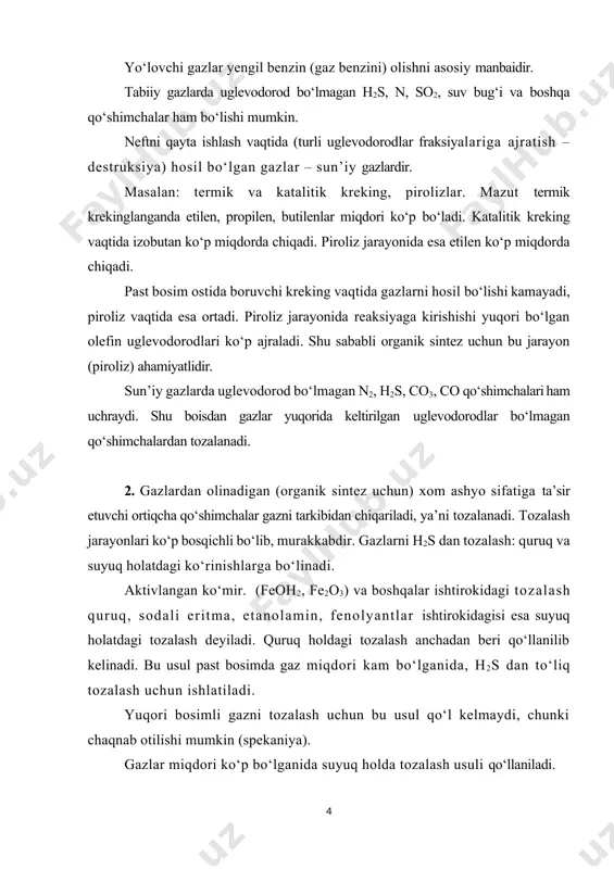 n gaz bilan uchrashadi, natijada quyidagi reaksiya boradi: na2co3 + h2s ↔ nahs + nahco3 ishlatilgan na2co3 skrubberdan regeneratorga uzatilib tozalanadi. regeneratorni yuqorisidan chiqayotgan h2s bilan havo aralashmasi yoqiladi. bu usul gazni to‘liq h2s dan tozalashni ta’minlamaydi. gazlarni oltingugurt birikmalaridan to‘liq tozalash uchun suyuq holdagi usul qo‘llaniladi. bunda mono-, di- yoki trietanolamin va fenolyantlar ishlatiladi. etanolaminlar ishqorlik xossasiga ega bo‘lib, h2s, bisulfidlarni (r - s - s - r´), n2so3 va boshqa qo‘shimchalarni o‘ziga yaxshi yutadi. etanolamin bilan tozalash quyidagi chizmada keltirilgan. 1-rasm. gazlarni tozalash texnologiyasining sxemasi. 1 – absorber; 2 – desorber; 3 – separator; 4 – issiqlik almashtirgich; 5 – sovutgich; 6 – rezervuar; 7 – nasoslar. 1-rasm. gazlarni tozalash texnologiyasini sxemasi. tozalanadigan gaz skrubber (1) ga (tarelka yuki kesik nasadkadagi) keladi. u skrubberni pastki qismidan kelib, yuqori qismidan chiqib ketadi. dietanolaminlar bilan uglevodorodlar o‘zaro ta’sirlanmaydilar. h2s, h2co3 lar bilan esa bog‘lanadi (20-30°s temperaturada): 2nh(ch2 – sn2on) + …