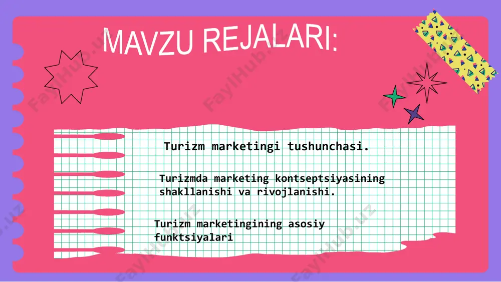 ishga asoslangan bo'lishi kerak. marketing kompaniyaning rentabelligini oshirishning asosiy vositalaridan biridir. demak, marketing ma'lum bir turistik xizmatga bo'lgan talab va taklifni o'rganish, yangi xizmatlarga narxlarni belgilash, rivojlanish jarayonida kompasning o'ziga xos turidir mijoz bilan ushbu xizmat uning so'rovlari va umidlariga to'liq javob berishiga ishontirish uchun aloqa o'rnatish; yangi bozorlar va tarqatish kanallarini topish uchun innovatsiyalarni loyihalash maqsadida ishlab chiqish; marketing faoliyati natijalarini ularning samaradorligi uchun tahlil qilishni nazarda tutuvchi nazorat. turizm marketingining asosiy funksiyalari marketing menejment tushunchasi sifatida, bir tomondan, iste’molchilarning ehtiyojlari, didi va xohishlarini puxta, har tomonlama va tizimli o‘rganishni, ishlab chiqarishni ularga qaratishni, bozorga taklif etilayotgan tovarlarning maqsadli bo‘lishini ta’minlashni nazarda tutadi. boshqa tomondan, u bozorga, ehtiyojlar va iste'molchilarning xohish-istaklarini shakllantirishga maqsadli va faol ta'sir ko'rsatishni ta'minlaydi. asosiy bo'g'in bo'lgan korxonaga nisbatan ushbu qoidalarni ko'rsatish tadbirkorlik faoliyati, shuni aytishimiz mumkinki, marketing quyidagilarni o'z ichiga oladi: agreement marketing marketing 1 marketing 2 marketing 3 marketing 4 mijozlar ehtiyojlarini aniqlash; …