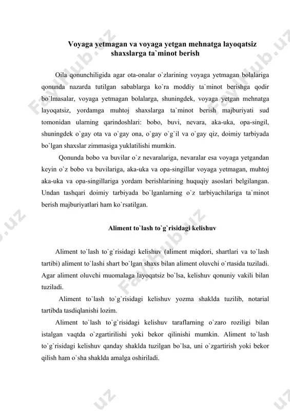 kelishuvda belgilaydilar. aliment to`lovchi va aliment oluvchi taraflar uchun o`zlarining kelishuviga ko`ra, sud qarori bilan belgilanadigan aliment to`lash tartibi va vositalaridan farq qiladigan kengroq tartib va vositalarni tanlash imkoniyatini yaratadi. alimentni oluvchi shaxs bilan kelishuv asosida uni oyma-oy, haftada yoki boshqa muddatlarda bir yo`la (masalan, bir yilda bir marta, yarim yilda yoki har kvartalda bir marta) amalga oshirishi mumkin. aliment to`lash haqidagi kelishuvda alimentni to`lashning boshqa usullari (masalan. moddiy yordam xizmati ko`rsatish, ishlar bajarish yoki xizmatlar ko`rsatish shaklida) ham nazarda tutilishi mumkin. alimentlarni to`lash va undirish tartibi 1. aliment to`lashi shart bo`lgan shaxs alimentni ixtiyoriy ravishda shaxsan yoki o`z arizasiga muvofiq ishlab turgan joyida yoxud pensiya, nafaqa, stipendiya va boshqa turdagi mablag` olayotgan joyida to`lanadi. ixtiyoriy tartibda to`lanayotgan aliment nafaqat bolalarga, qonun bilan belgilangan hollarda, er-xotindan biriga, ota-onalarga, aka-uka, opa-singil va boshqa qarindoshlarga ham berilishi mumkin. qonun voyaga yetmagan bolalarning manfaatlarini alohida himoya qiladi. ixtiyoriy tartibda aliment to`lash haqidagi arizada …