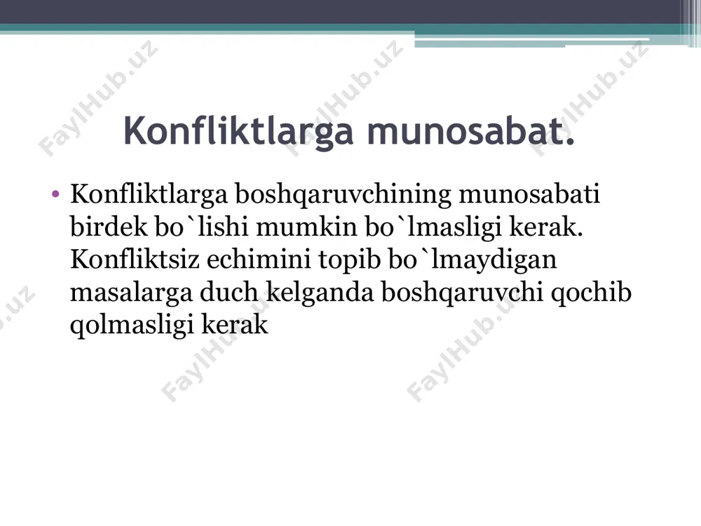 sababni aniqlashtirishga qiyinchilik tug`diradi. konfliktlarning echimini topishda tajribalar shuni ko`rsatadiki, bu erda konflikt formulalarini bilish kata yordam beradi. konfliktning birinchi formulasi. konfliktli holat + intsident = konflikt ijtimoiylashuv eng avvalo odamlar o`rtasidagi muloqot va hamkorlikda turli faoliyatni amalga oshirish jarayonini nazarda tutadi. tashqaridan shaxsga ko`rsatilayotgan ta`sir oddiy, mexanik tarzda o`zlashtirilmay, u har bir shaxsning ichki ruhiyati, dunyoni aks ettirish xususiyatlari nuqtai nazaridan turlicha sub`ektiv tarzda idroq etiladi. shuning uchun ham bir hil ijtimoiy muhit va bir xil ta`sirlar odamlar tomonidan turlicha harakatlarni keltirib chiqaradi. masalan, 10-15 ta o`quvchidan iborat akademik litsey o`quvchilarini olaylik. ularning bilimni, ilmiy idroq qilishlari, ulardan ota – onalarining kutishlari, o`qituvchilarning berayotgan darslari va unda etkazilayotgan ma`lumotlar, manbalar va boshqa qator omillar bir hilday shuning uchun ham bir hil ijtimoiy muhit va bir xil ta`sirlar odamlar tomonidan turlicha harakatlarni keltirib chiqaradi. masalan, 10-15 ta o`quvchidan iborat akademik litsey o`quvchilarini olaylik. ularning bilimni, ilmiy idroq qilishlari, ulardan ota …