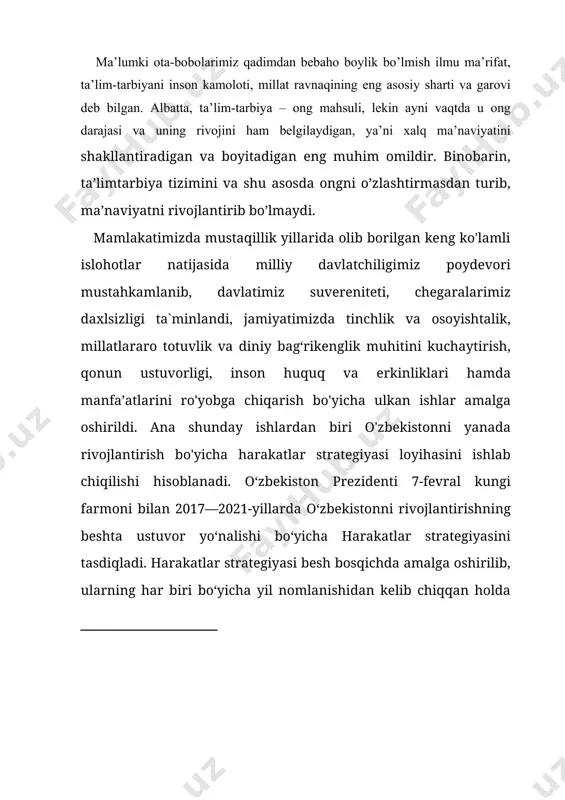 rini rekonstruksiya qilish; -kasb-hunar kollejlari o‘quvchilarini bozor iqtisodiyoti va ish beruvchilarning ehtiyojlariga javob beradigan mutaxassisliklar bo‘yicha tayyorlash hamda ishga joylashtirish borasidagi ishlarni takomillashtirish; -ta’lim va o‘qitish sifatini baholashning xalqaro standartlarini joriy etish asosida oliy ta’lim muassasalari faoliyatining sifati hamda samaradorligini oshirish, oliy ta’lim muassasalariga qabul kvotalarini bosqichma-bosqich ko‘paytirish; -ilmiy-tadqiqot va innovatsiya faoliyatini rag‘batlantirish, ilmiy va innovatsiya yutuqlarini amaliyotga joriy etishning samarali mexanizmlarini yaratish, oliy o‘quv yurtlari va ilmiy-tadqiqot institutlari huzurida ixtisoslashtirilgan ilmiy-eksperimental laboratoriyalar, yuqori texnologiya markazlari va texnoparklarni tashkil etish. 4.5. yoshlarga oid davlat siyosatini takomillashtirish: -jismonan sog‘lom, ruhiy va intellektual rivojlangan, mustaqil fikrlaydigan, qat’iy hayotiy nuqtayi nazarga ega, vatanga sodiq yoshlarni tarbiyalash, islohotlarni chuqurlashtirish va fuqarolik jamiyatini rivojlantirish jarayonida ularning ijtimoiy faolligini oshirish; -o‘rta maxsus, kasb-hunar va oliy ta’lim muassasalari bitiruvchilarini ishga joylashtirish hamda xususiy tadbirkorlik sohasiga jalb etish; - yosh avlodning ijodiy va intellektual salohiyatini qo‘llab-quvvatlash hamda amalga oshirish, bolalar va yoshlar o‘rtasida sog‘lom turmush tarzini shakllantirish, ularni …