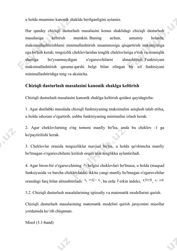 rini ta'minlash uchun asbob-uskunalarni ishlatish uchun bunday rejani tuzish kerak. j-chi mashinaning j-turdagi mahsulot ishlab chiqarishga sarflagan vaqti ma'lum . boshqacha qilib aytadigan bo'lsak, korxona oldiga qo'yiladigan vazifa quyidagilardan iborat: j-toifali mahsulot ishlab chiqarish uchun i-mashinaning ishlash vaqtini aniqlash talab qilinadi, bunda cheklovlarga rioya qilgan holda ishlab chiqarishning minimal xarajatlarini ta'minlash kerak. mashinalarning umumiy ish vaqti t va ishlab chiqarishning ma'lum miqdori n j . vazifa shartiga ko'ra, mashinalar ma'lum t vaqt davomida ishlaydi , shuning uchun bu cheklovni quyidagicha ifodalash mumkin: , . (3.9) belgilangan miqdordagi mahsulotlar uchun chegara quyidagicha: , . (3.10) muammo ishlab chiqarish xarajatlarini minimallashtirish orqali hal qilinadi: . (3.11) shuningdek, o'zgaruvchilarning salbiy emasligini hisobga olish kerak . vazifa mashinaning barcha ajratilgan vaqtini ishlatadigan tarzda o'rnatiladi, ya'ni. mashina to'liq yuklanganligiga ishonch hosil qiling. bunday holda, har bir turdagi ishlab chiqarilgan mahsulotlar soni kamida n j dan kam bo'lmasligi kerak . biroq, ayrim hollarda nomenklatura bo'yicha rejadan …