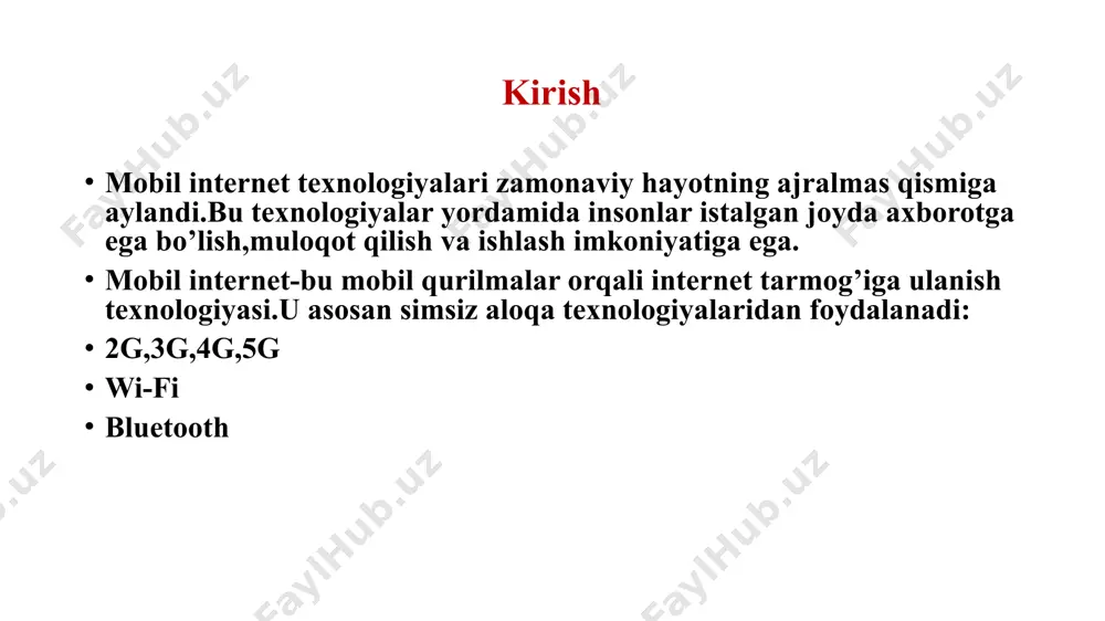 atorlarning tez tugashi ko’p foydalanuvchilar uchun muammo. 3.tarmoqqa bog’liqlik aloqa sifati signal kuchiga bog’liq . 4.salbiy ta’sirlar ko’p foydalanish sog’liq muammolariga olib kelishi mumkin. 5.texnologiya tengsizligi qishloq va rivojlanayotgan hududlarda tarmoq va qurilmalarga yetarlicha kirish imkoniyati mavjud emas. xulosa mobil internet texnologiyalari zamonaviy jamiyatning ajralmas qismiga aylandi.bu texnologiyalar insonlar uchun muloqot qilish,bilim olish,ishlash imkoniyatlarini kengaytirdi.2g dan boshlangan rivojlanish jarayoni 5g va yaqin kelajakdagi 6g texnologiyalarigacha davom etmoqda,bu esa hayotimizni yanada qulay va samarali qilmoqda.shu bilan birga,mobil texnologiyalar xavfsizlik ,texnologiyadan ortiqcha foydalanish va tarmoqqa bog’liqlik kabi muammolarni ham keltirib chiqarmoqda.bu masalalarni hal qilish uchun xavfsizlikni kuchaytirish,sog’lom foydalanish madaniyatini shakllantirish va rivojlanayotgan hududlarni qamrab olish ustida ishlash zarur.mobil texnologiyalarning davomiy rivojlanishi jamiyatga yangi imkoniyatlar yaratadi va global axborot almashinuvini yangi bosqichga olib chiqadi. foydalanilgan adabiyotlar 1.m.karimov “mobil texnologiyalar tarixi va rivojlanishi”-toshkent,2021. 2.o.norboyev “telekommunikatsiya tizimlari asoslari”-2020. 3.www.gsma.com /docprops/thumbnail.jpeg