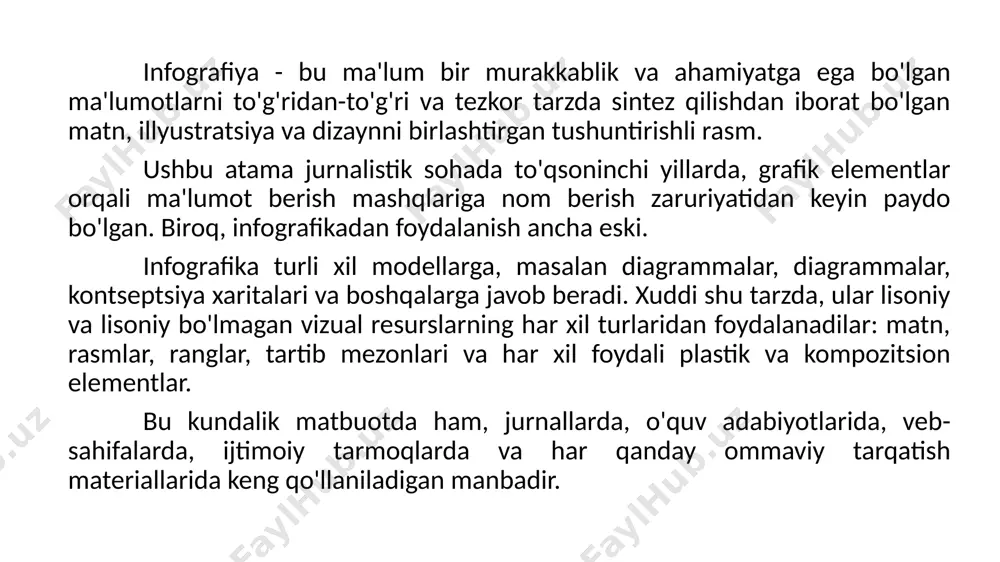 idagi qismlardan iborat: sarlavha. agar kerak bo'lsa, bu subtitr bilan birga bo'lishi mumkin; tushuntirish va izohlash mezonlarini taqdim etadigan qisqacha matn; xabar markaziga ishora qiluvchi va barcha grafik elementlarni va qo'llab-quvvatlovchi tipografiyani o'z ichiga olgan tanasi; axborot manbai. infografikaning xususiyatlari u har doim kontekstga qarab sarlavha yoki sarlavha bilan boshqariladi; siz savollarga javob berishingiz kerak: nima, kim, qachon, qaerda, qanday va nima uchun; bu oson tushunarli bo'lishi kerak; u biron bir masala bo'yicha iloji boricha ko'proq ma'lumotlarni sintez qilishi kerak; tasvirlardan foydalanish majburiydir; tasvirlar aniq bo'lishi kerak; matn aniq va qisqa bo'lishi kerak; u shunday qat'iylikka ega bo'lishi kerakki, ular kiritilgan maqolaga nisbatan avtonomiyaga ega bo'lishlari mumkin; unda hech qanday xato, nomuvofiqlik yoki qarama-qarshilik bo'lmasligi kerak. infografika turlari (uning tarkibiy tuzilishiga ko'ra) grafika ular statistik ma'lumotlarning grafik, ya'ni vizual tarzda aks ettirilishidir, shunda uning tushunchasi sodda va tezroq bo'ladi. ular bar, pirojnoe, koordinatali tizim va boshqalar kabi turli xil manbalardan …