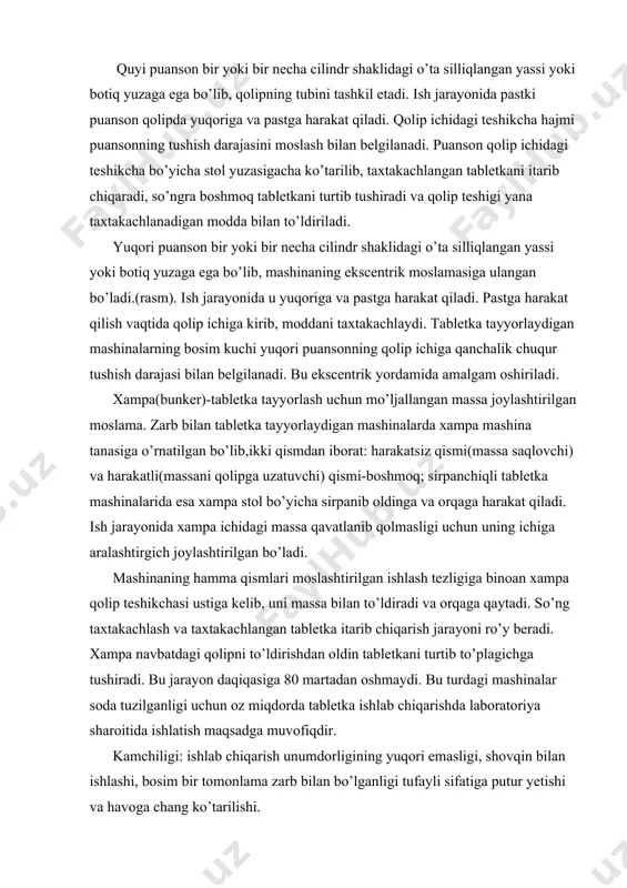 tib to’plagichga tushiradi. bu jarayon daqiqasiga 80 martadan oshmaydi. bu turdagi mashinalar soda tuzilganligi uchun oz miqdorda tabletka ishlab chiqarishda laboratoriya sharoitida ishlatish maqsadga muvofiqdir. kamchiligi: ishlab chiqarish unumdorligining yuqori emasligi, shovqin bilan ishlashi, bosim bir tomonlama zarb bilan bo’lganligi tufayli sifatiga putur yetishi va havoga chang ko’tarilishi. rotatsion, revolver turdagi tabletka tayyorlaydigan mashinalar(rtm). revolver yoki rotatsion tabletka mashinalari murakkab tuzilishga ega bo’lib, qoliplar soni 10 dan 65 gacha bo’lishi mumkin. matritsalar stolga doira bo’lib joylashtiriladi. sinhron ravishda quyi va yuqori paunsonlar ham matritsalar bilan harakatda bo’ladi. xampalar soni matritsalar miqdoriga bog’liq, ular bitta, ikkita yoki undan oriq bo’lishi mumkin, lekin amalda ko’pincha ikkita bo’ladi va ular mashina tanasiga qimirlamaydigan qilib maxkamlab qo’yiladi. hozirgi vaqtda 80 dan ortiq har xil tuzilishga ega bo’lgan shu turdagi mashinalar mavjud. (rasm). ular qatoriga yuqori unumdorlik bilan ishlovchi, electron qurilmalar bilan jihozlangan, ma’lum dastur asosida ishlaydigan mashinalar kiradi. bunday qurilmalar yordamida mashinaning ishlash jarayonini …