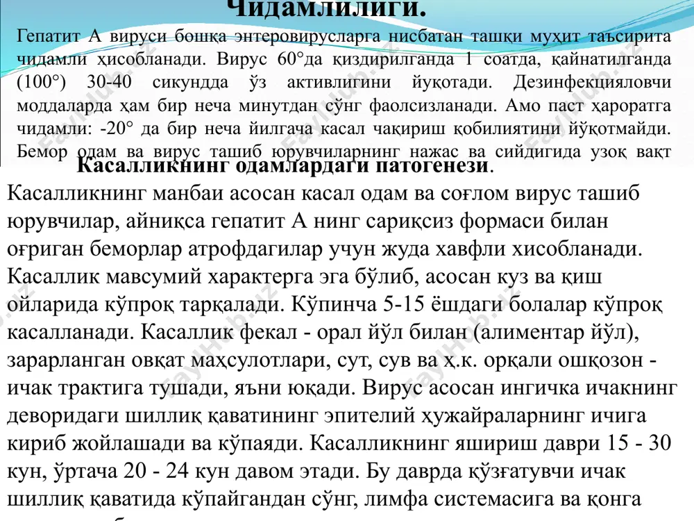 ун патогенлиги. шинпанзе маймунларининг 25 - 30% да hbs антигенлари топилган. демак, улар шу гуруҳ маймунлари орасида кенг тарқалган иммунитети. кучли ва узоқ давом этадиган иммунитет ҳосил бўлади. касалликнинг одамлардаги патогенези. гепатит в касаллигида асосий манба - касал одам ва вирус ташиб юрувчилар ҳисобланади. касаллик асосан парнтирал йўл билан юқади. жумладан, шприц орқали стамоталогларнинг тиш тозалагич пармалари орқали, хирургик-гинекологик асбоблар орқали, вирус организмнинг барча суюқликларида циркуляция қилгани учун жинсий йул билан, ўпишишда сўлак орқали, онадан она қорнидаги эмбрион болага ва хатто она сути орқали ўтиши ҳам аниқланган. касаллик бир ёшгача бўлган болалар ўртасида кўпроқ учрайди. касаллик тиббиёт ходимларига инфекцион муолажалар қилиш вақтида қон ва зардоб орқали ҳам юқади. бунда қон ёки зардобнинг 0,001 мл миқдори ҳам касалликни юқтиради. касалликнинг яширин даври 1 дан 6 ойгача давом этиши мумкин. парентирал йўл билан юққани учун вирус дарҳол лимфа ва қонга тушади. касаллик гематоген ва лимфаген фазадан бошланади. сўнгра гепатоцит ҳужайраларига ёпишади. қон …