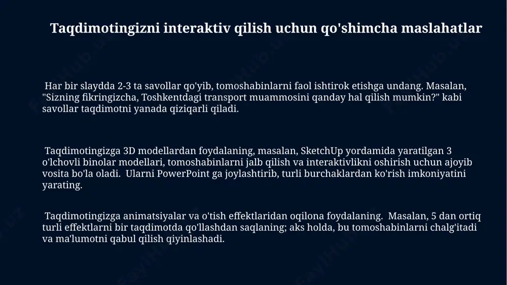 , samarqanddan ham, osongina ulashish imkonini beradi. prezentatsiyangizni pdf formatida saqlash uni 300 dpi sifatida chop etishga va 100 dan ortiq qurilmalarda muammosiz ochish imkonini beradi, masalan, toshkentdagi konferensiya zalida ham. taqdimotingizni "powerpoint show" rejimida saqlash avtomatik ravishda animatsiyalar va o'tish effektlarini ishga tushiradi, bu esa 5 daqiqalik taqdimotni yanada jozibador qiladi. giperhavolalar nima va ularning afzalliklari giperhavolalar foydalanuvchilarga powerpoint prezentatsiyasidagi 2-sahifadan 10-sahifaga yoki hatto tashqi veb-saytlarga, masalan, vikipediya yoki google xaritalariga 1 klik bilan o'tish imkonini beradi. giperhavolalarning afzalligi - ular prezentatsiyani interaktiv va qiziqarli qiladi, ma'lumotlarni 3 o'lchovli tarzda tashkil qilishga yordam beradi va shu bilan tinglovchilarning e'tiborini jalb qiladi. giperhavola yordamida toshkentdagi tarixiy joylar haqidagi qo'shimcha ma'lumotlarni o'z ichiga olgan 5 ta qo'shimcha slaydni tezda ochish va prezentatsiyani boyitish mumkin. microsoft powerpoint da interaktiv taqdimotlar yaratishga kirish o'zbekistonning 12 ta viloyati haqidagi ma'lumotlarni o'z ichiga olgan taqdimotingizga, har bir viloyatning rasmiy saytiga olib boradigan hiperhavolalar qo'shing va …