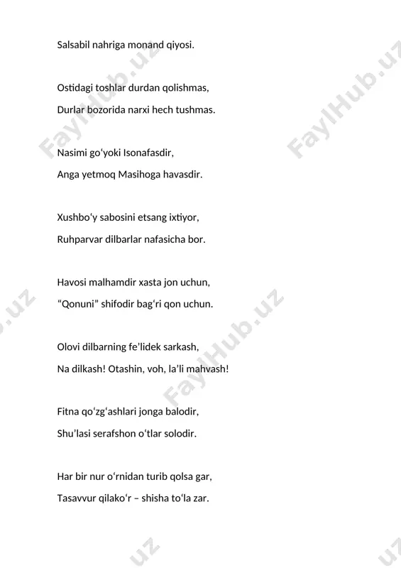 y. hoʻqqa toʻla laʼlu ham qizil yoqut, joningga bagʻishlar quvvat bilan qut. nashvatisan qilay taʼrif, sifotin, suv oladi ogʻzing, zikr etsam otin. goʻyo shishachalar toʻla novvotdir, dema novvot, unda obi hayotdir. oʻn ogʻoch yoinki oʻn tosh naridan, mushkin hid taralar olmalaridan! oʻxshaydi dilbarlar zanaxdoniga, koʻrganlar ilingay uning domiga. yo tavba, behisin obroʻ rangidan, bogʻ koʻrki ortadi yangi-yangidan. shirasi behishtning suvimi desam, jannatning lazzati unda mujassam. taʼrifda yagona toshkand anjiri, bunda jamuljamdir sirlarning siri, bulardan hamisha jonga halovat, shirasi asalni qilur malomat. forschadan naim norqulov tarjimasi manba. zayniddin vosifiy. “badoeʼ ul-vaqoeʼ” (“nodir voqealar”). t., gʻafur gʻulom nashriyoti, 1979. jurnalist ergash ismatullayev bisotidan toshkent va uning bog‘lari bir necha nukta, ey arjumand, tingla, mulki toshkand vasfin bul sifat tingla: bul diyor xo‘blig‘i har qayda butun sobit va ayondir dono xalq uchun. oh, qanday mulkdir bu, ravzayi rizvon xijolatdan bo‘lmish ko‘zlardan pinhon. kimki muqim bo‘lsa ul diyorda, bas, xuldu na’iymni ham boshqa eslamas. …